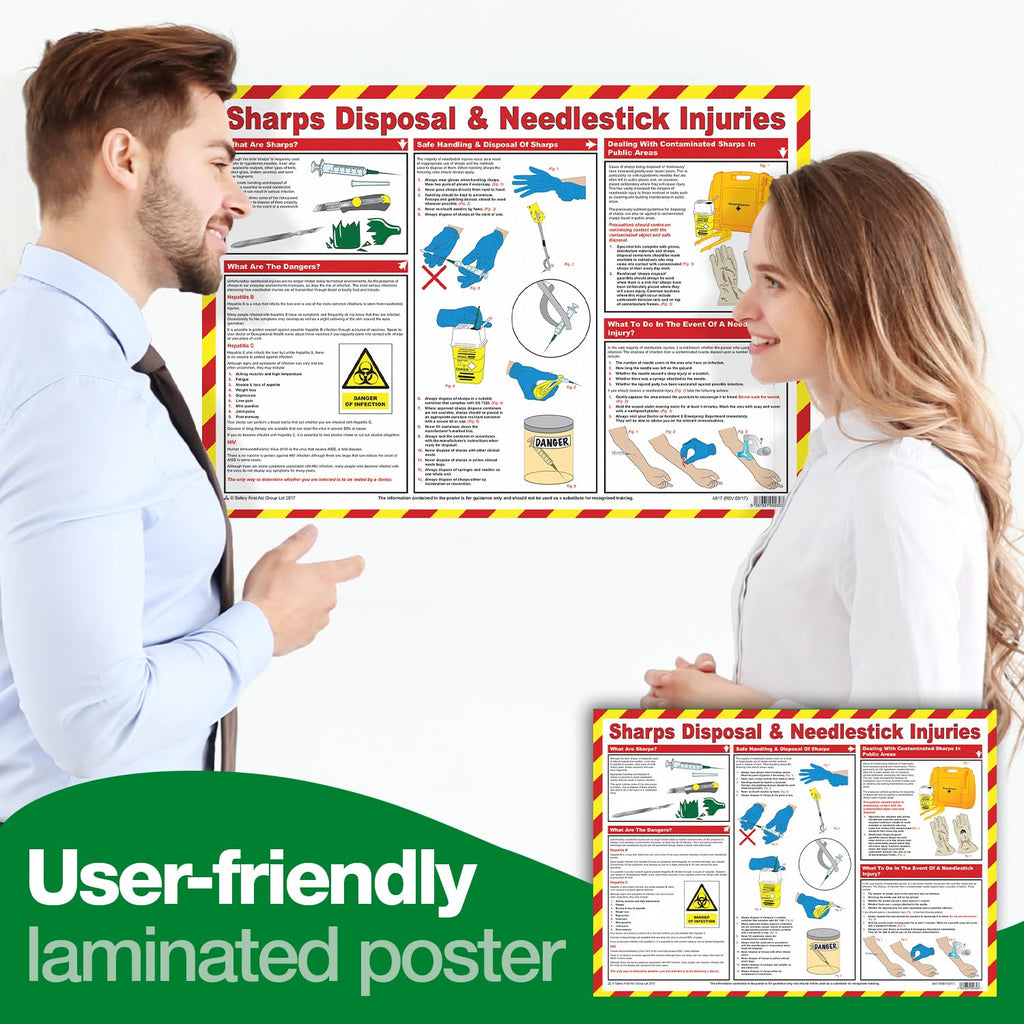 Safety First Aid Laminated Sharps Disposal and Needle Stick Injuries Poster