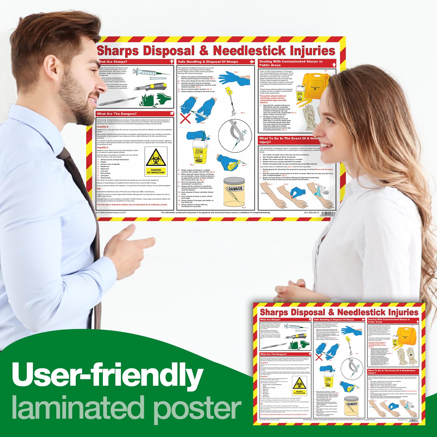 Safety First Aid Laminated Sharps Disposal and Needle Stick Injuries Poster