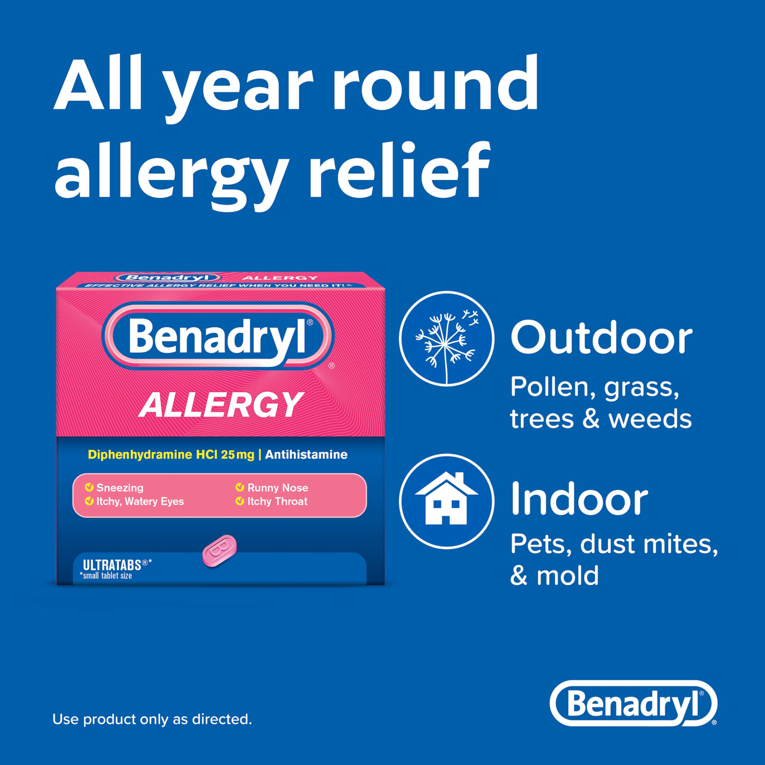 Benadryl Ultratabs Antihistamine Allergy Relief Medicine, Diphenhydramine HCl Tablets for Relief of Cold & Allergy Symptoms Such