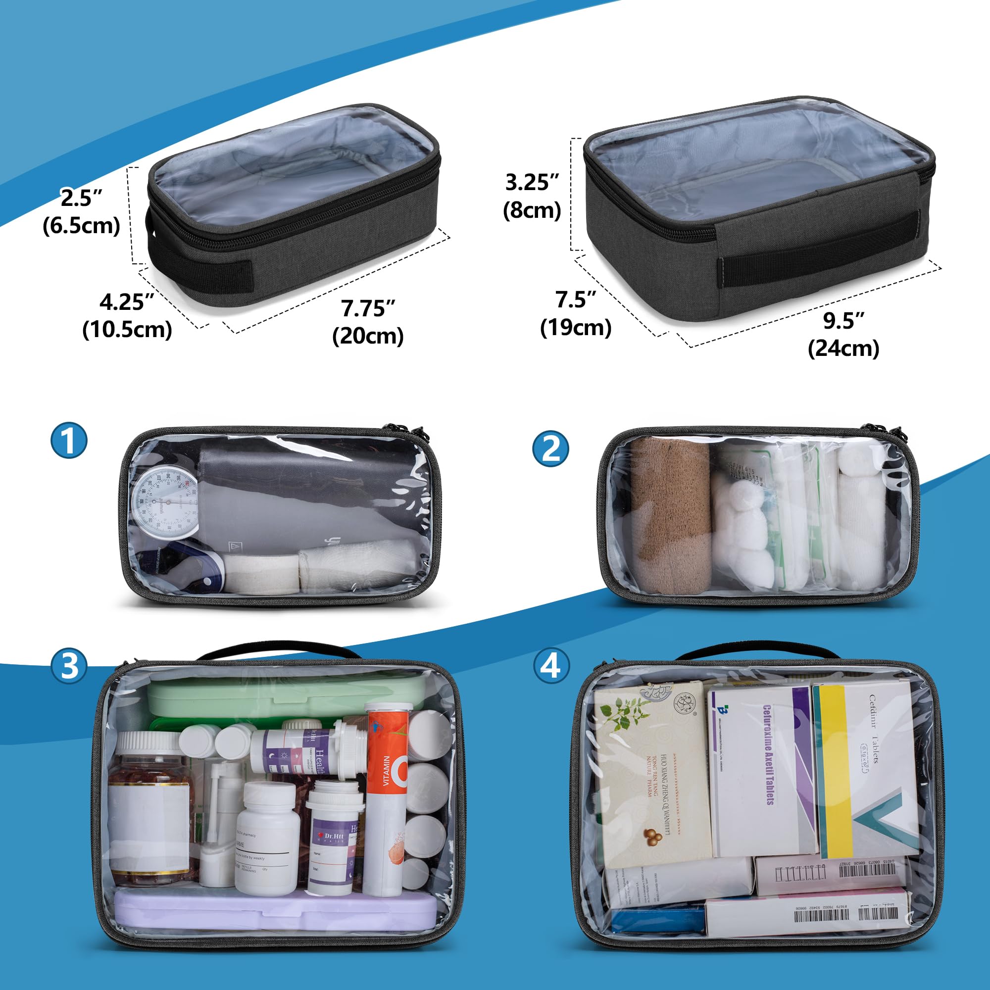BAFASO Large Pill Bottle Organizer with 4 Inner Removable Pouches, Family First Aid Bag Medicine Bag Come with Shoulder Strap (B