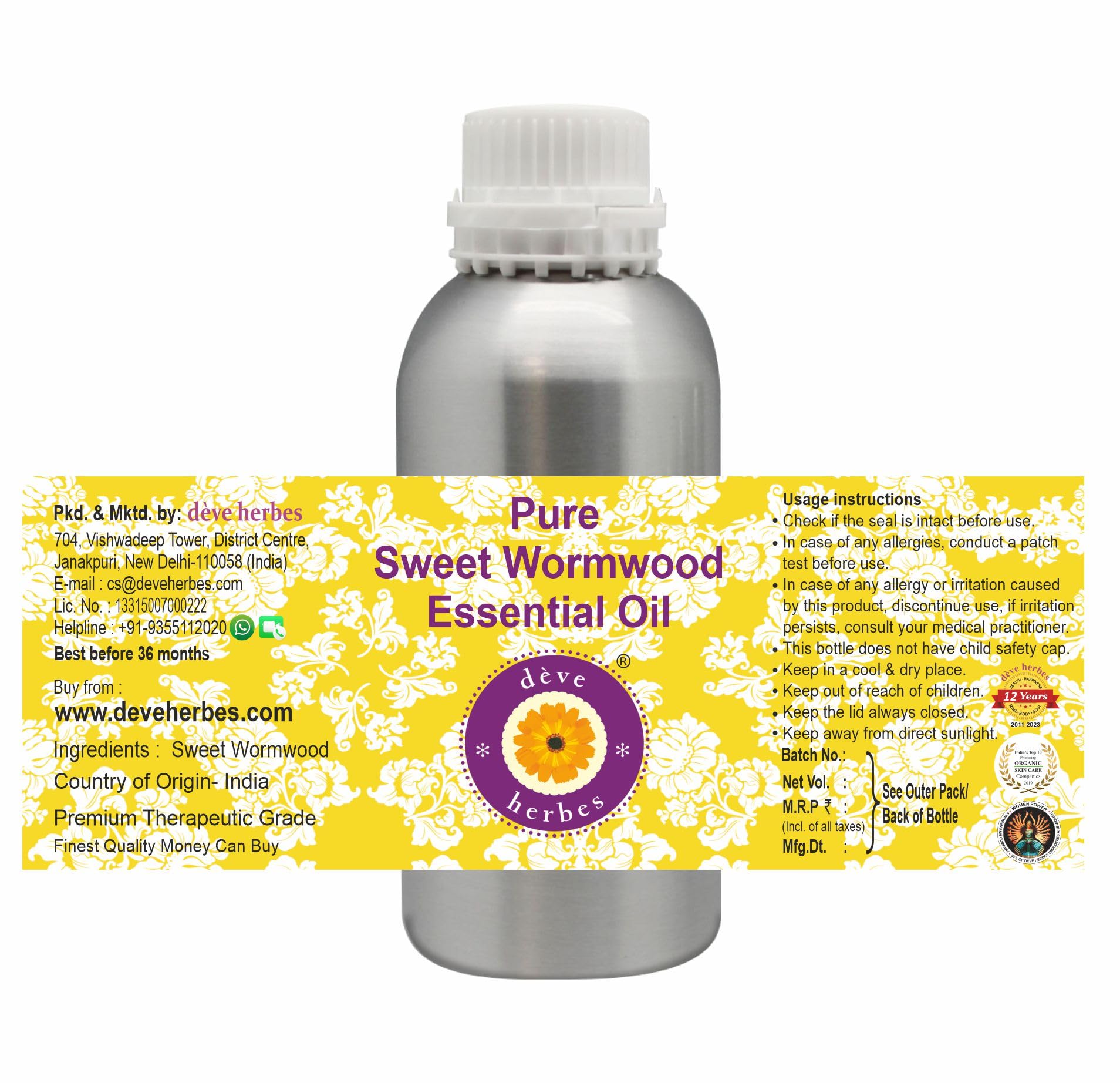 Deve Herbes Pure Sweet Wormwood Essential Oil (Artemisia annua) Steam Distilled 630ml (21 oz)