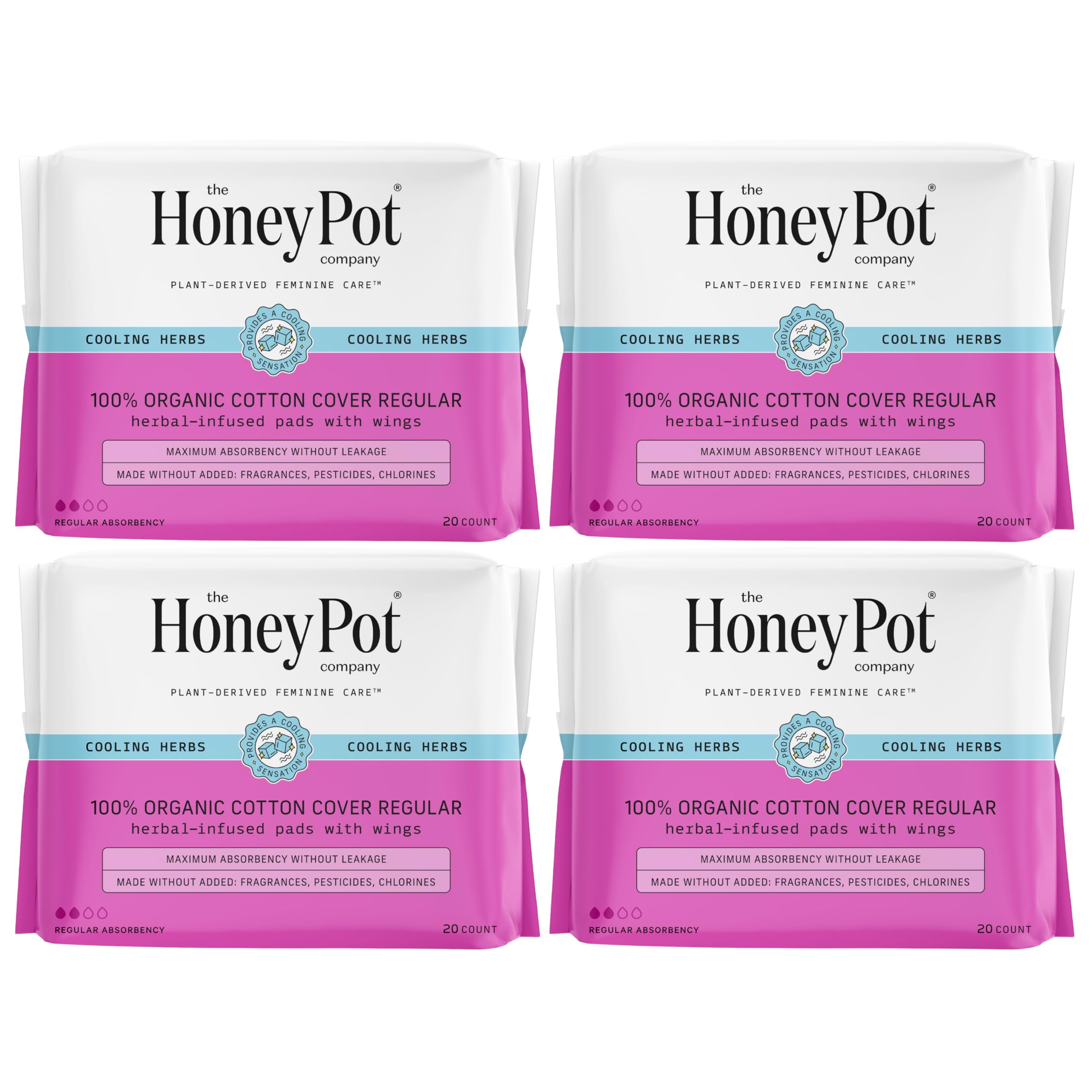 The Honey Pot Company - 80ct - Herbal Pads for Women - Regular Flow w/Wings - Infused w/Essential Oils for Cooling Effect & Orga