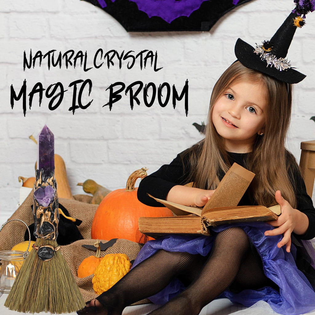 RENEMEGO Crystal Witch Altar Broom - Handmade Magic Witch Broomstick with Amethyst Natural Healing Crystals Stones Hexagonal Poi