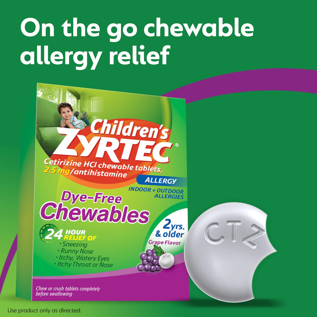 Zyrtec Childrens Dye-Free Chewables for 24 Hour Allergy Relief, 2.5 mg Cetirizine HCl Antihistamine Tablets, Kids Allergy Medic