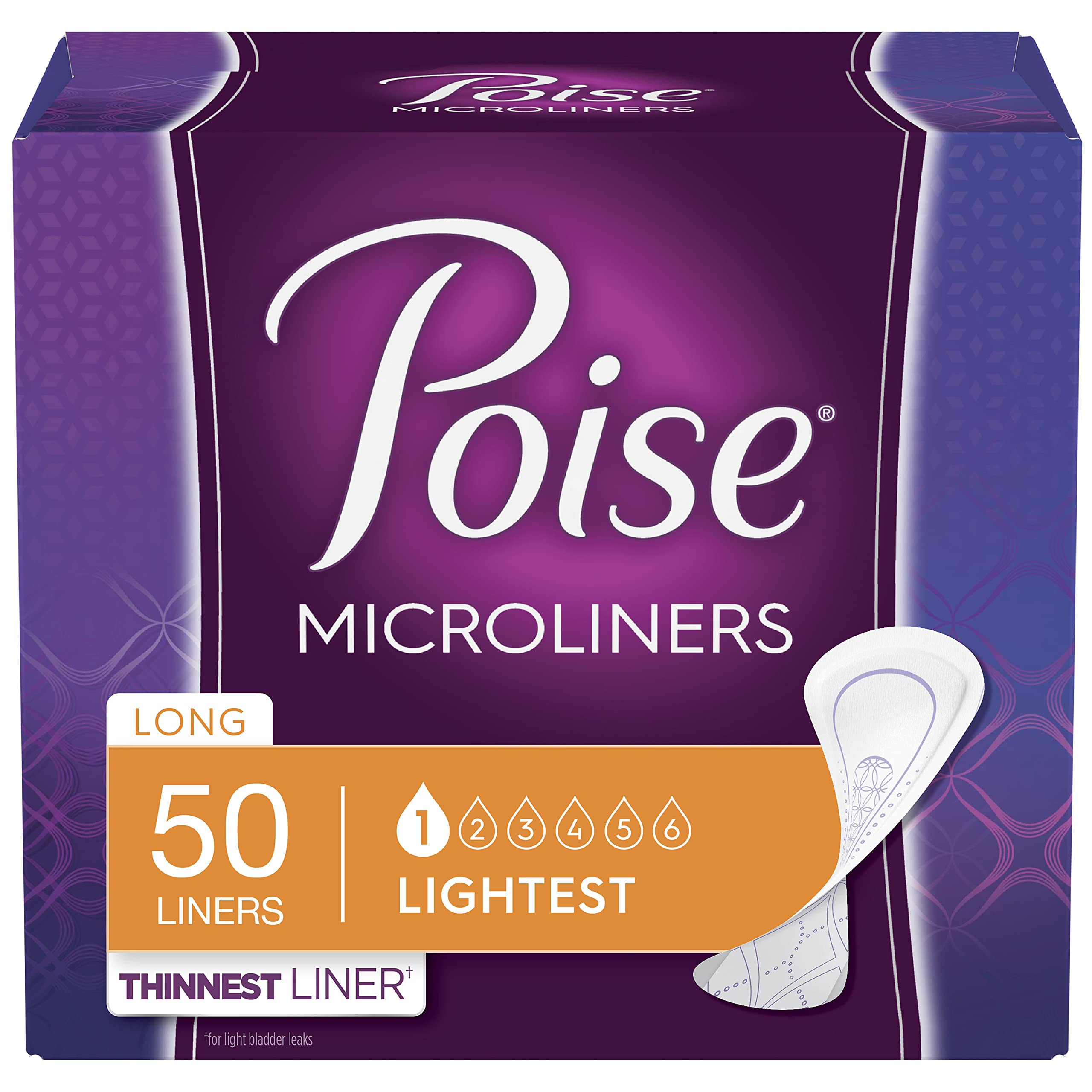 Poise Microliners, incontinence panty liners, lightest absorbency, long, 50 Count (Pack of 8)