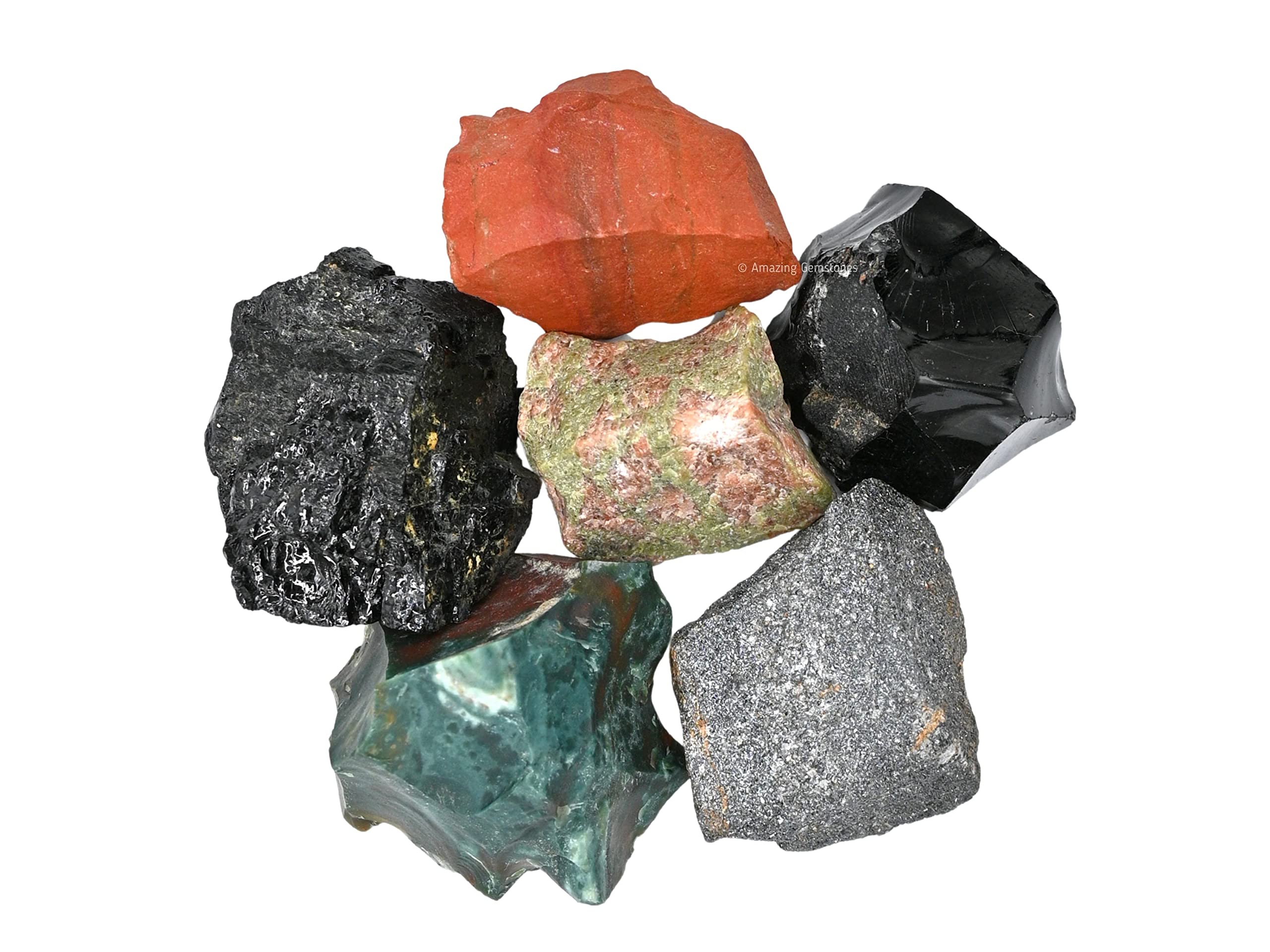 Crystals for Health Manifestation, Set of 6 Red Jasper, Black Obsidian, Black Tourmaline, Bloodstone, Hematite and Unakite Heali