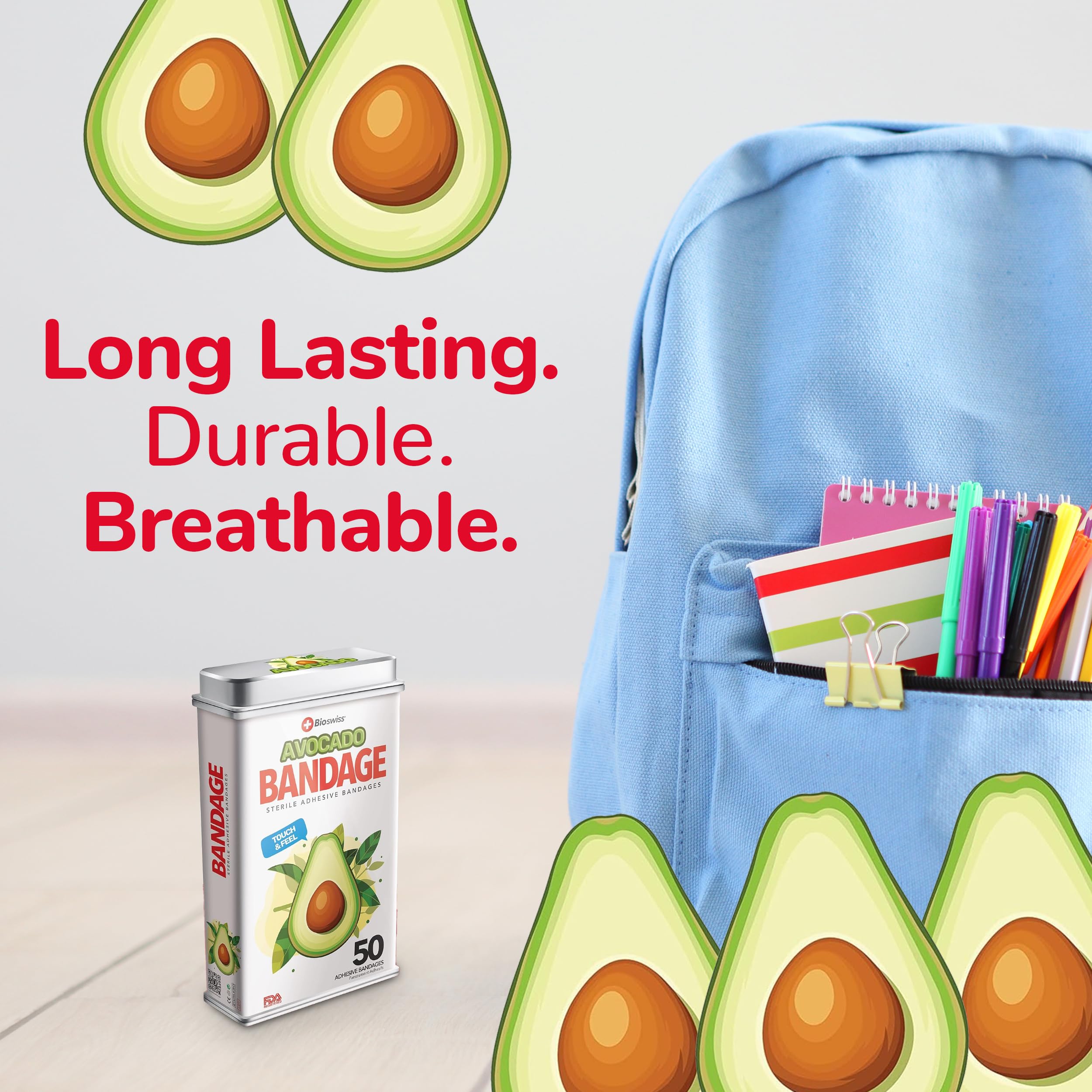 BioSwiss Bandages, Avocado Shaped Self Adhesive Bandages, Latex Free Sterile Wound Care, Fun First Aid Kit Supplies for Kids, 50