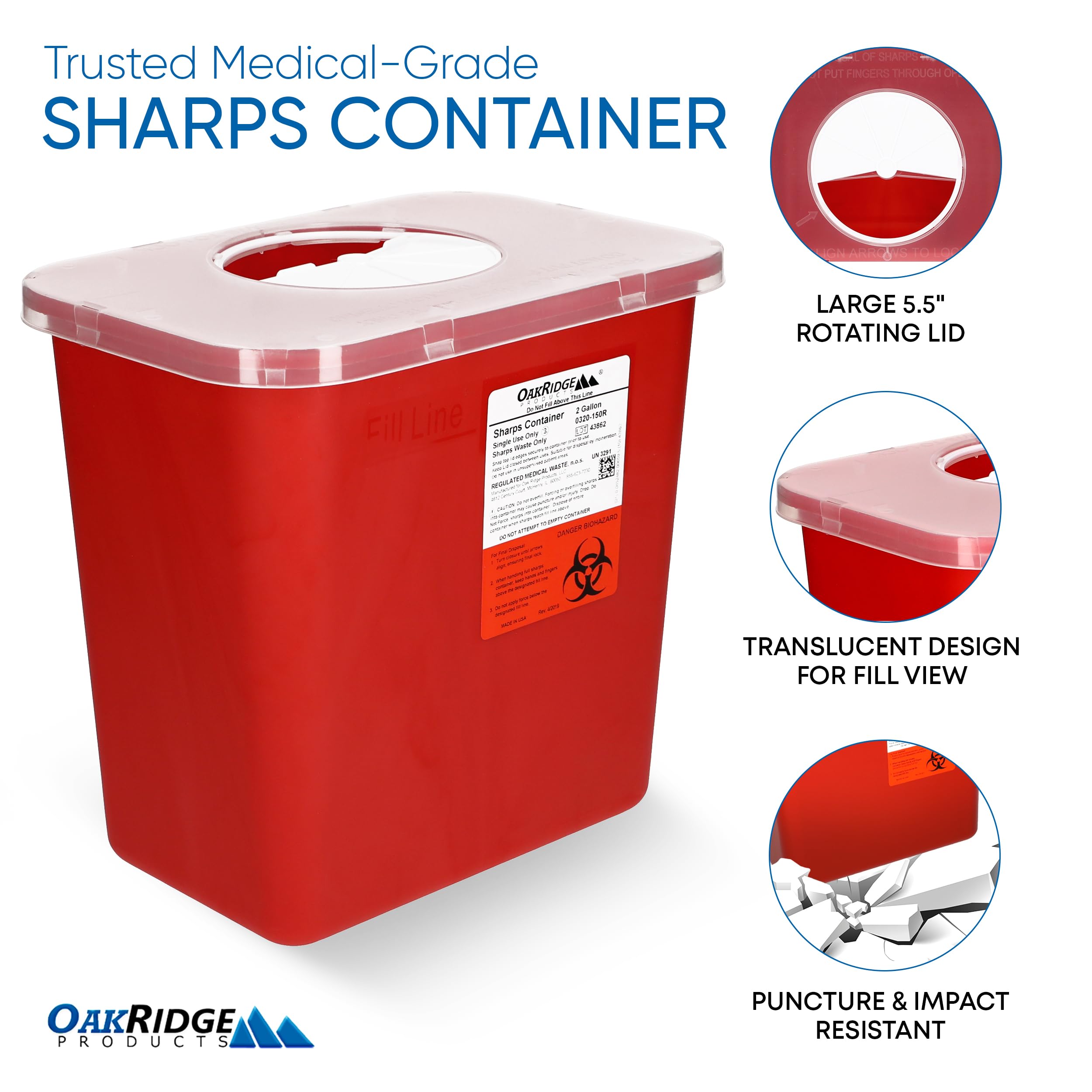 Oakridge Products Large Sharps Container for Home Use and Professional 2 Gallon (2-Pack) with Rotating lid, Biohazard Needle and