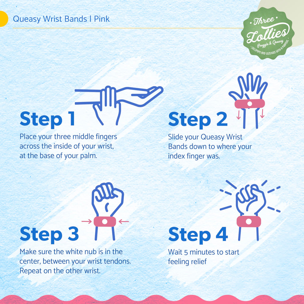 Three Lollies Queasy Wrist Bands - Natural Non-Drowsy Nausea Relief & Sickness Prevention - Travel & Motion Sickness - Relief fr