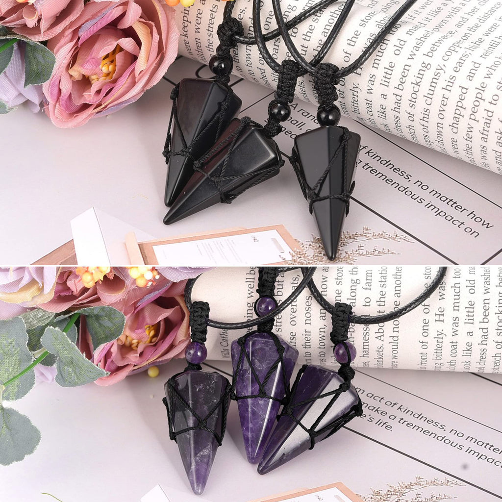 Top Plaza 2pcs Amethyst Black Obsidian Healing Crystal Stone Necklace for Women Men 6 Facet Pointed Pendant Necklaces Adjustable