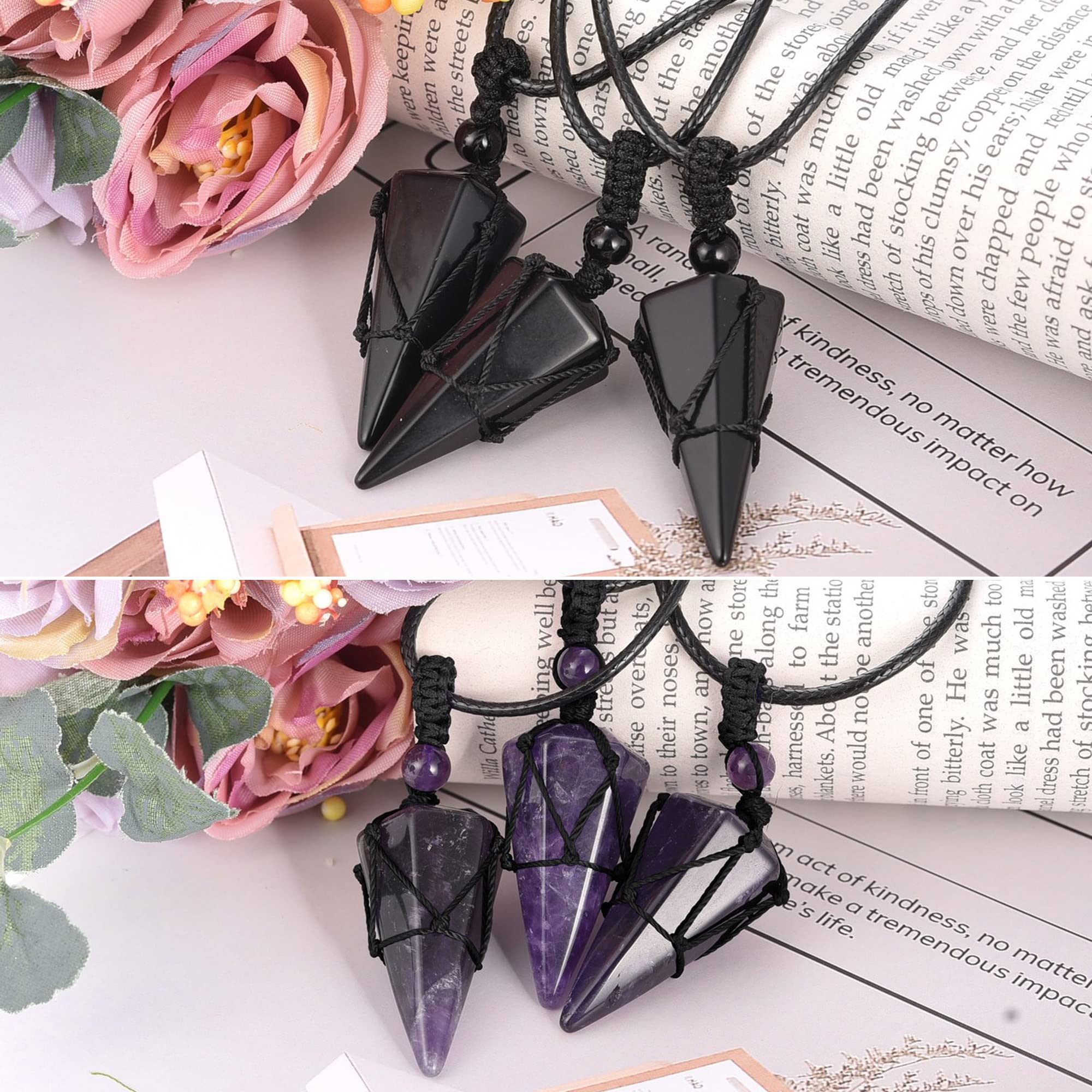 Top Plaza 2pcs Amethyst Black Obsidian Healing Crystal Stone Necklace for Women Men 6 Facet Pointed Pendant Necklaces Adjustable
