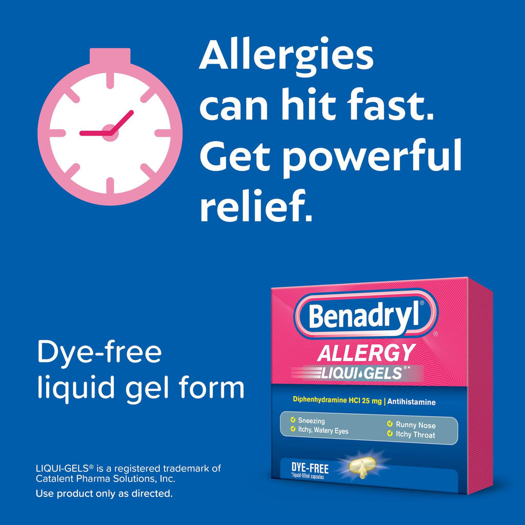 Benadryl Liqui-Gels Antihistamine Allergy Medicine & Cold Symptom Relief, Dye-Free Liquid Gels with 25 mg of Diphenhydramine HCl