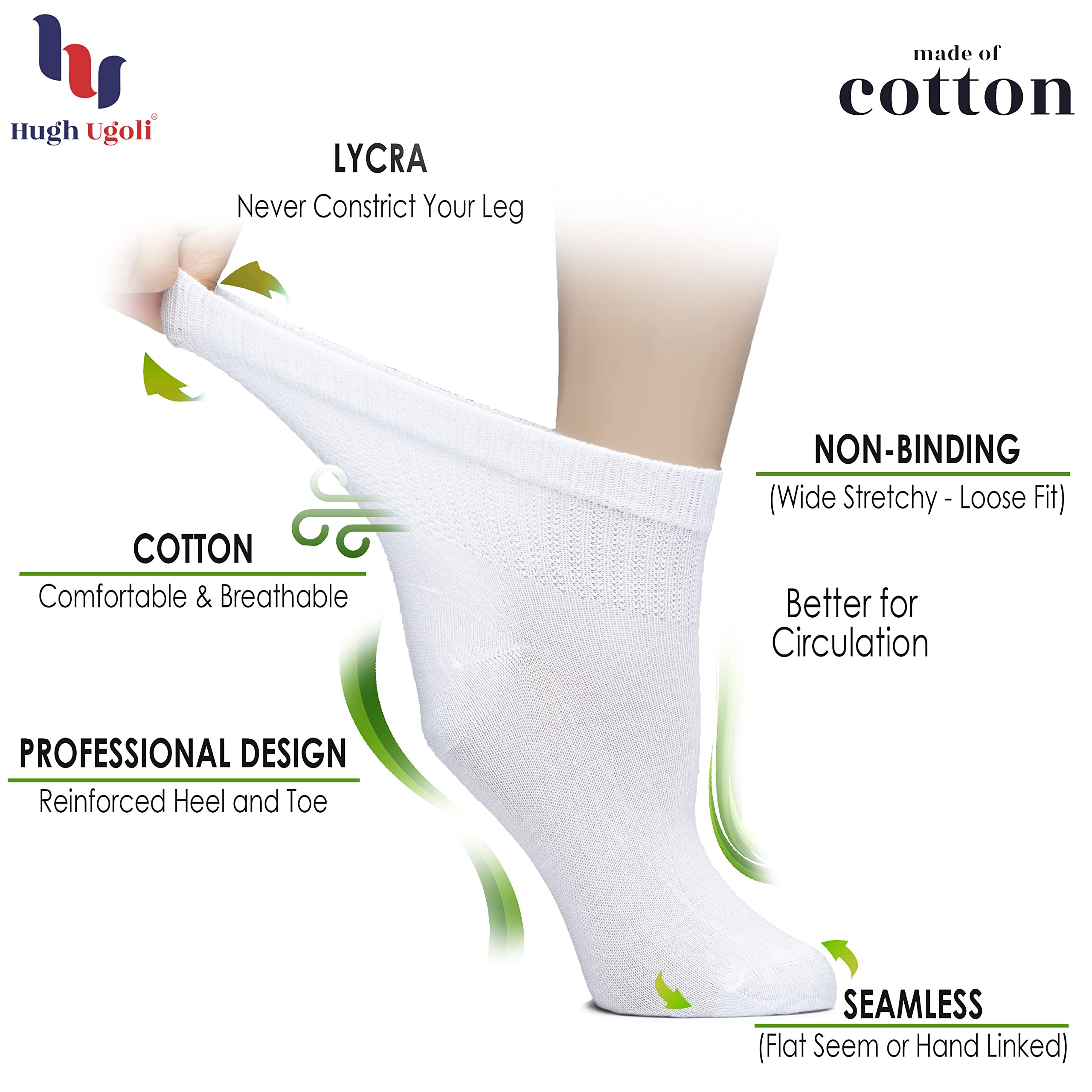 Hugh Ugoli Women's Cotton Diabetic Ankle Socks, Wide, Thin, Loose Fit and Stretchy, Seamless Toe & Non Binding Top, 4 Pairs, Whi