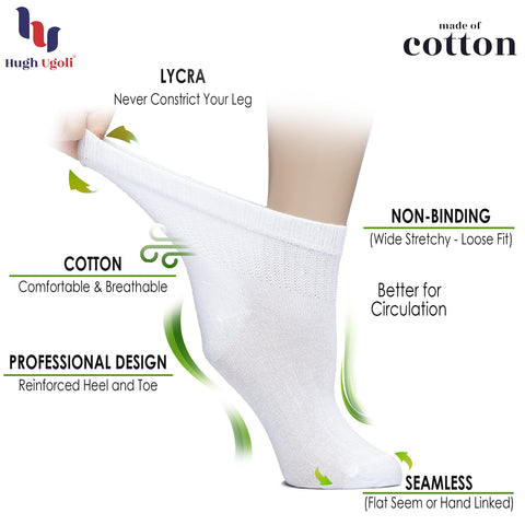 Hugh Ugoli Women's Cotton Diabetic Ankle Socks, Wide, Thin, Loose Fit and Stretchy, Seamless Toe & Non Binding Top, 4 Pairs, Bla