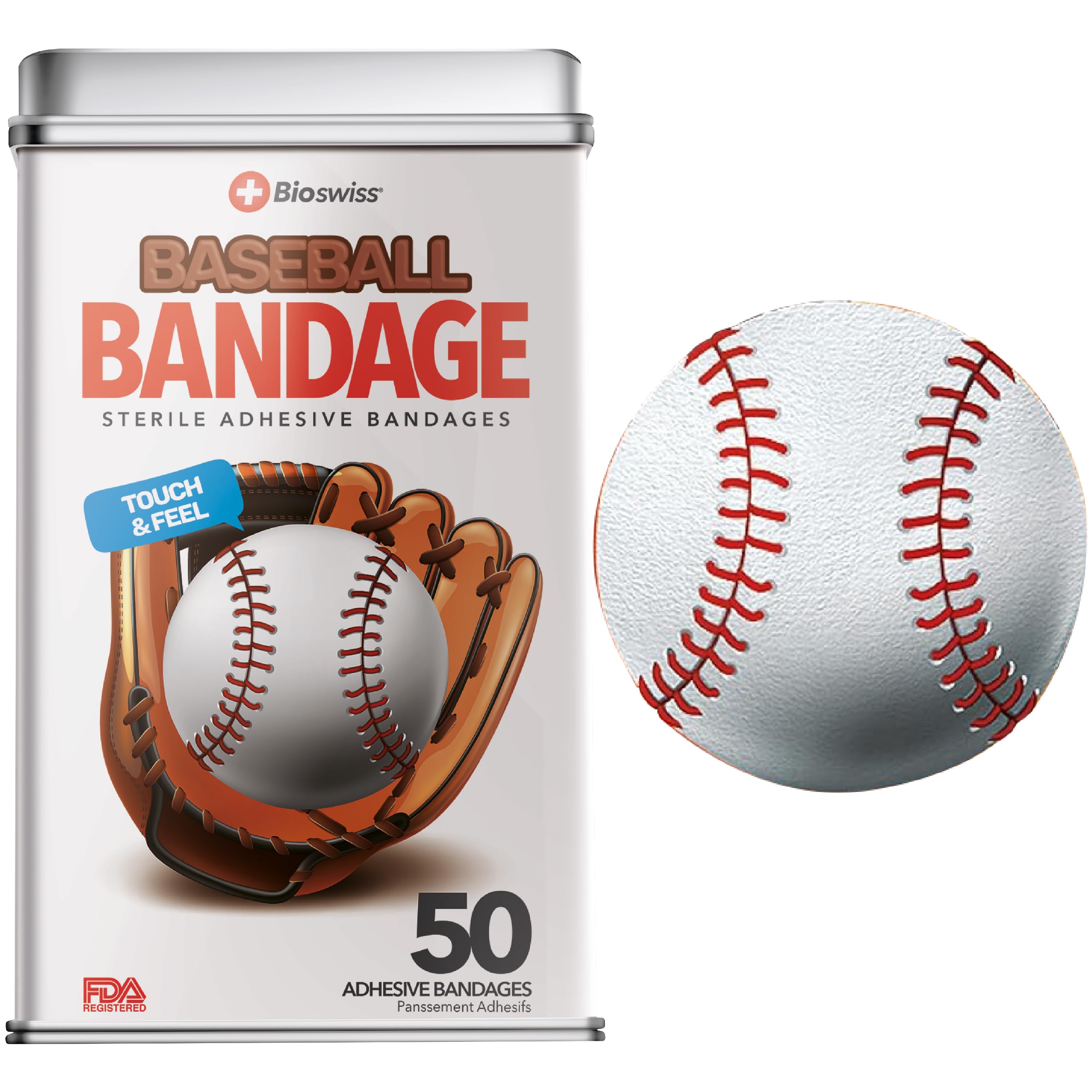 BioSwiss Bandages, Baseballs Shaped Self Adhesive Bandage, Latex Free Sterile Wound Care, Fun First Aid Kit Supplies for Kids, 5