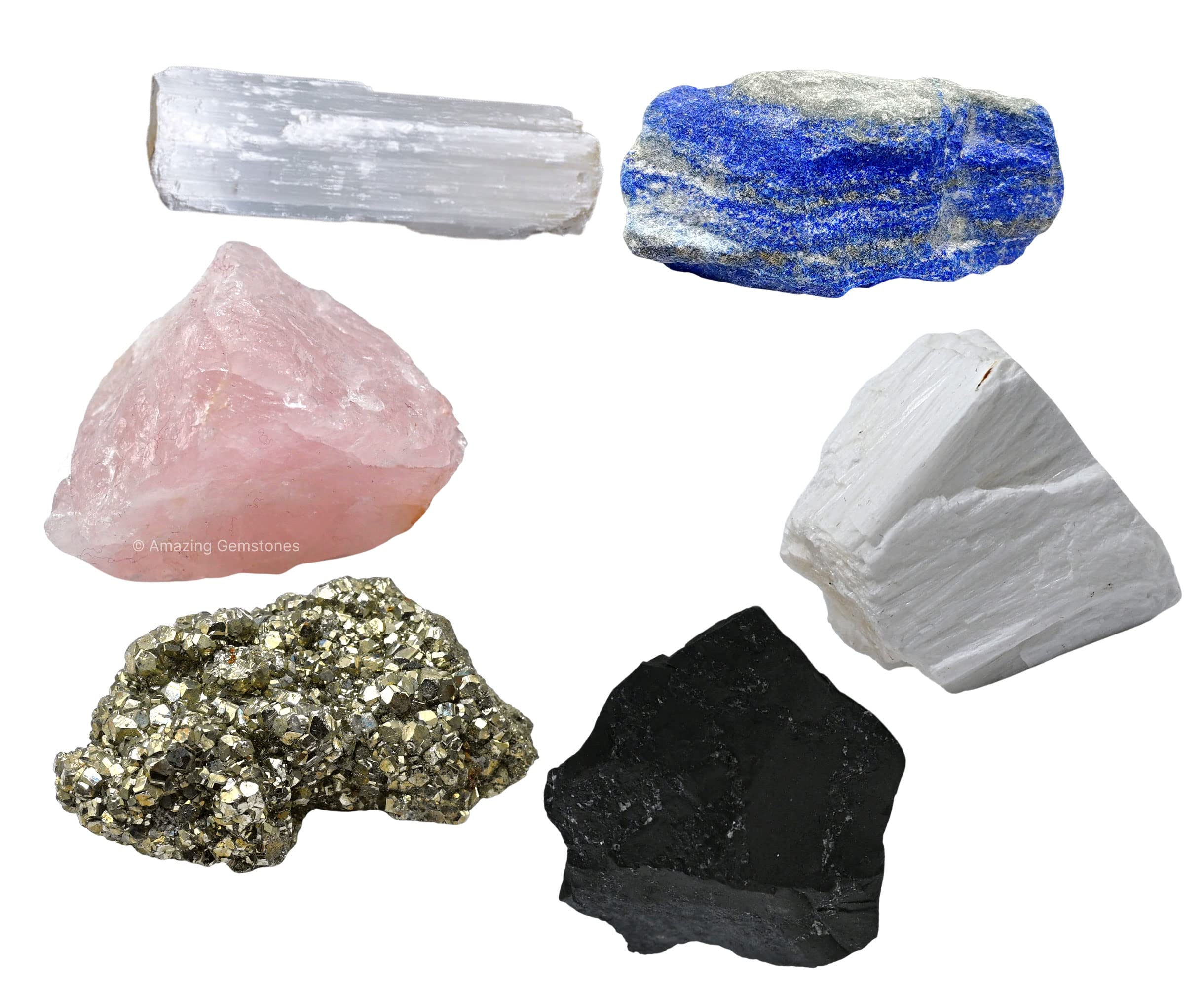 Crystals for New Home Manifestation, Set of 6 Lapis Lazuli, Selenite, Shungite, Pyrite, Scolecite and Rose Quartz Healing Crysta