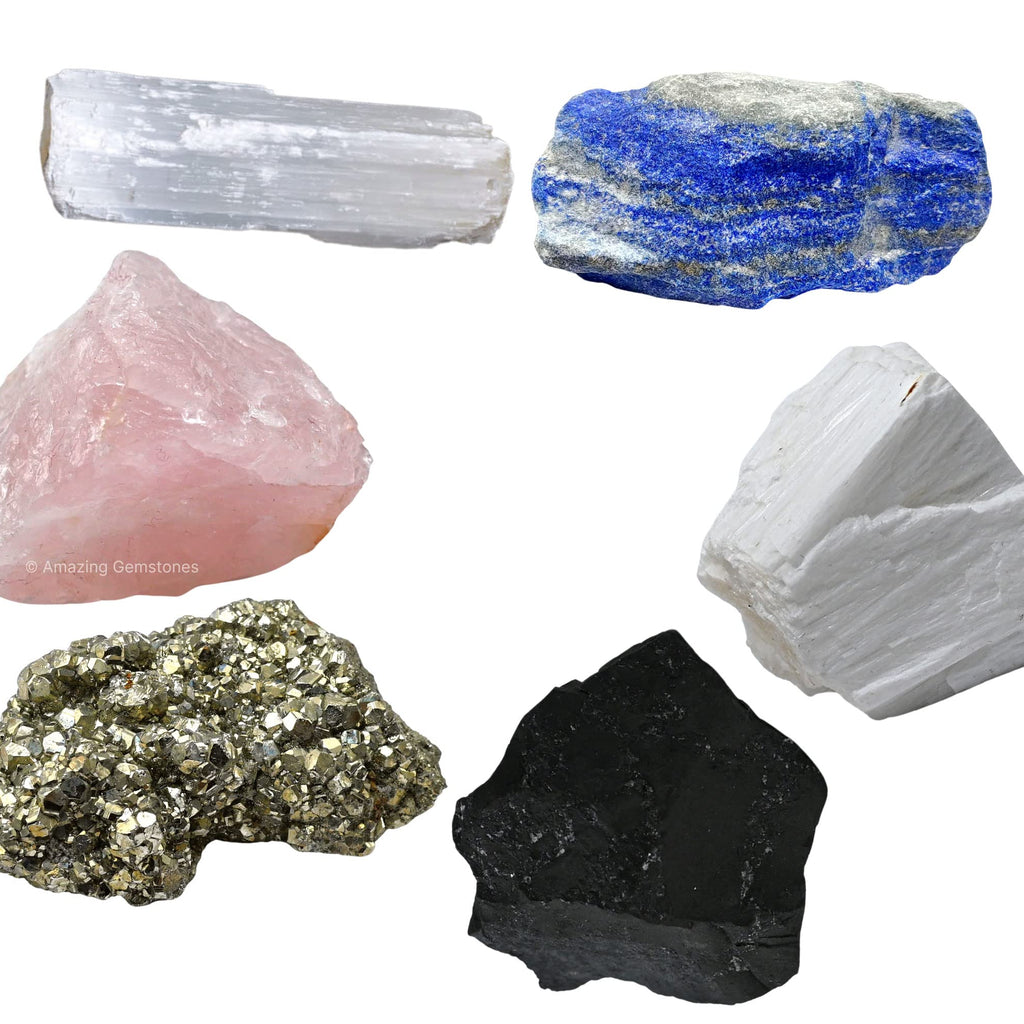 Crystals for New Home Manifestation, Set of 6 Lapis Lazuli, Selenite, Shungite, Pyrite, Scolecite and Rose Quartz Healing Crysta