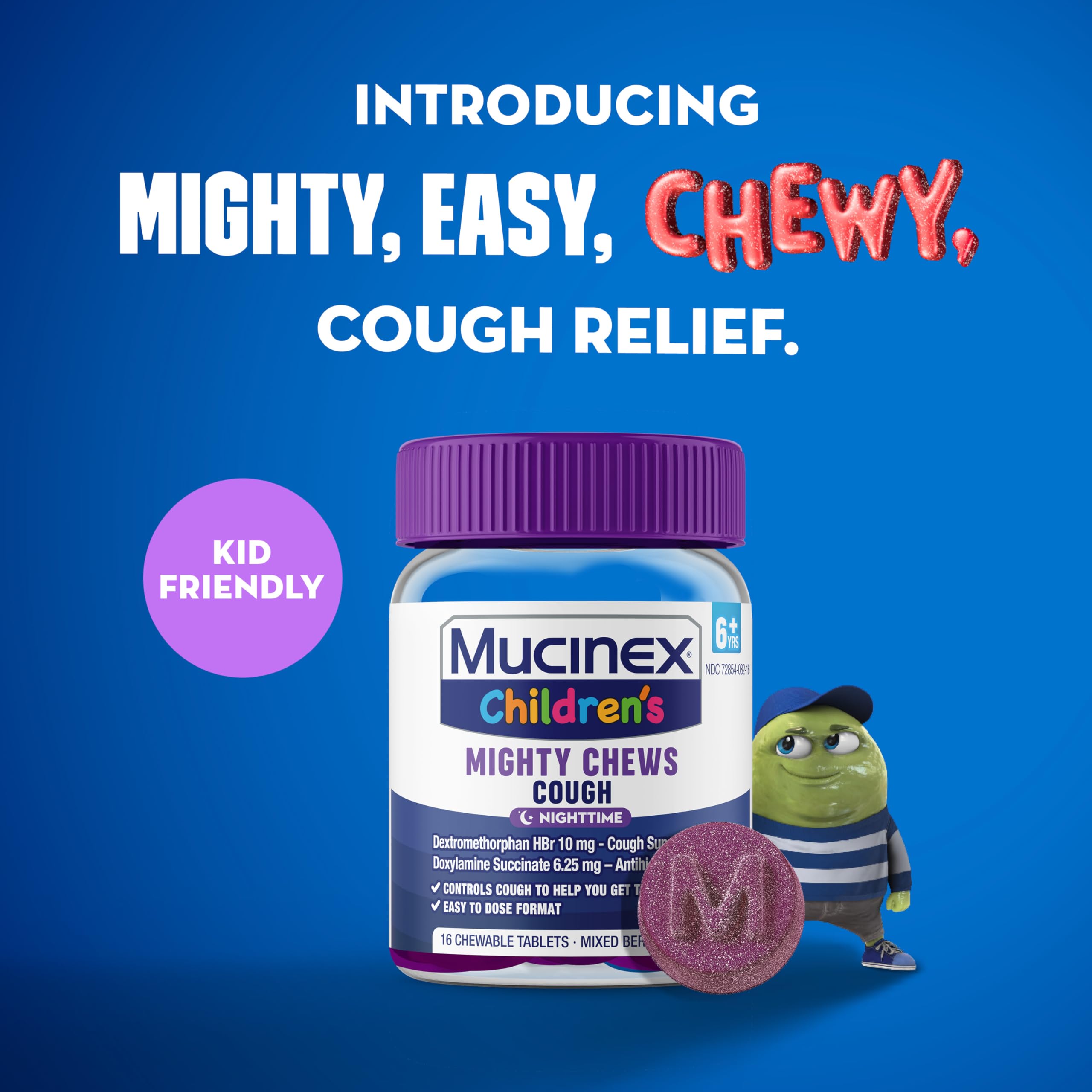 Mucinex Childrens Mighty Chews Nighttime Kids Cough Medicine, Easy to Dose Cough Suppressant with Dextromethorphan, Kids Travel