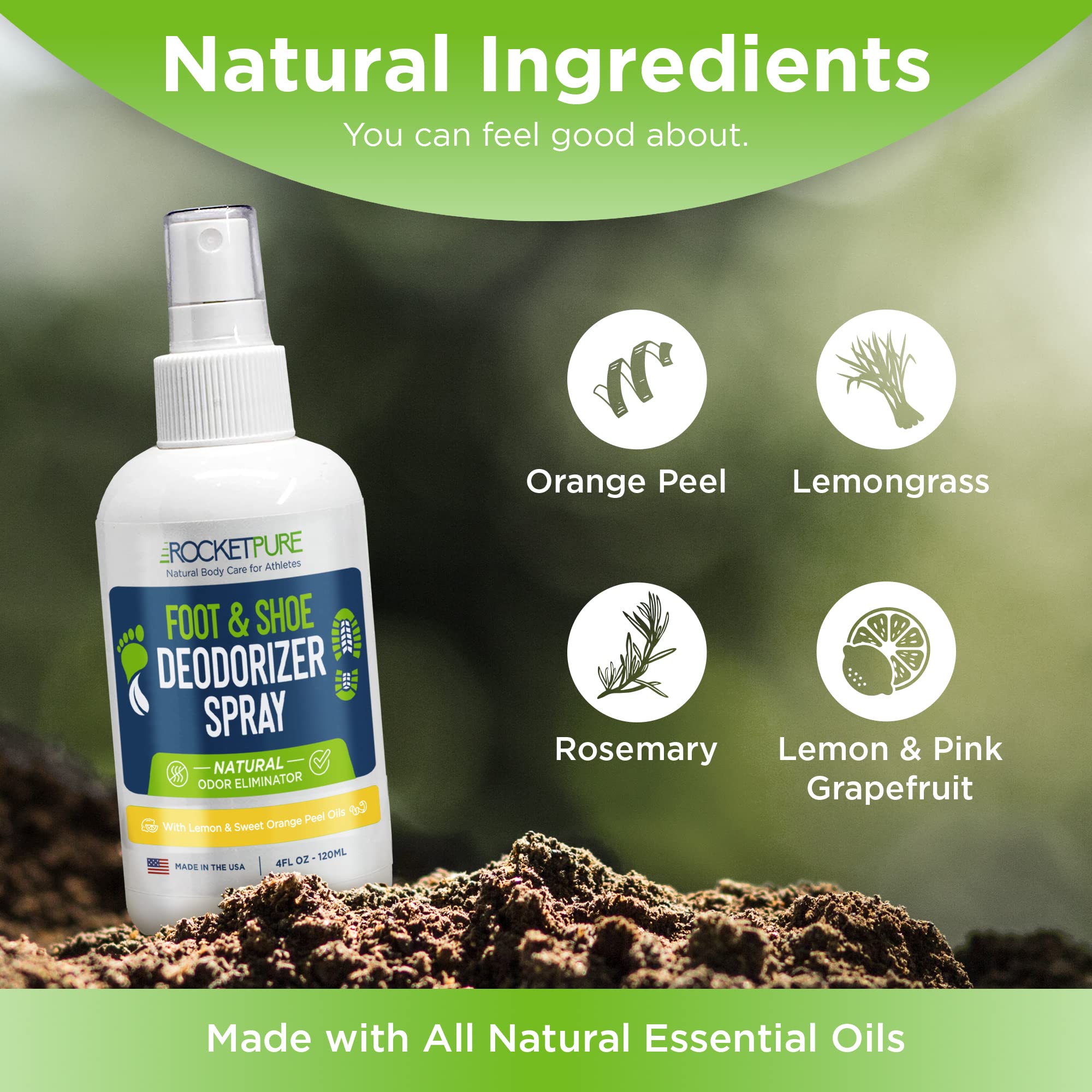Rocket Pure Natural Foot & Shoe Deodorizer Spray - Foot Spray for Smelly Feet & Shoe Spray for Smelly Shoes - Removes, Controls