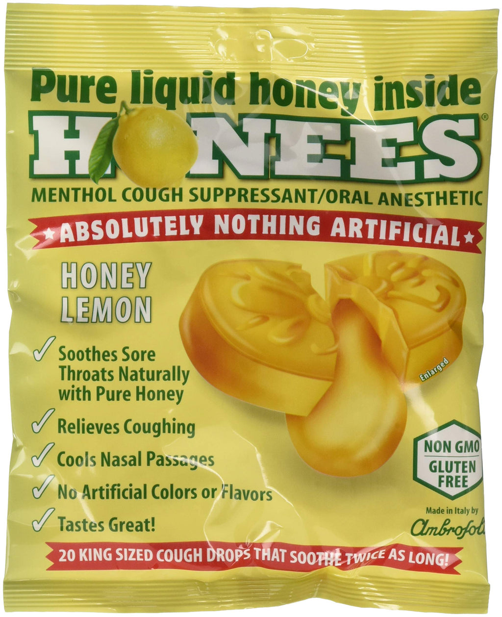 Honees Honey Lemon Cough Drops - 20-Piece, Pack of 12 Honey-Filled Lozenges | Temporary Relief from Cough | Soothes Sore Throat 