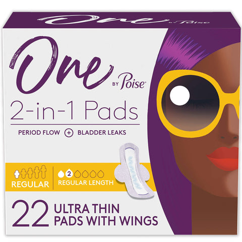 One by Poise Feminine Pads with Wings (2-in-1 Period & Bladder Leakage Pads for Women), Regular, Regular Absorbency for Period F