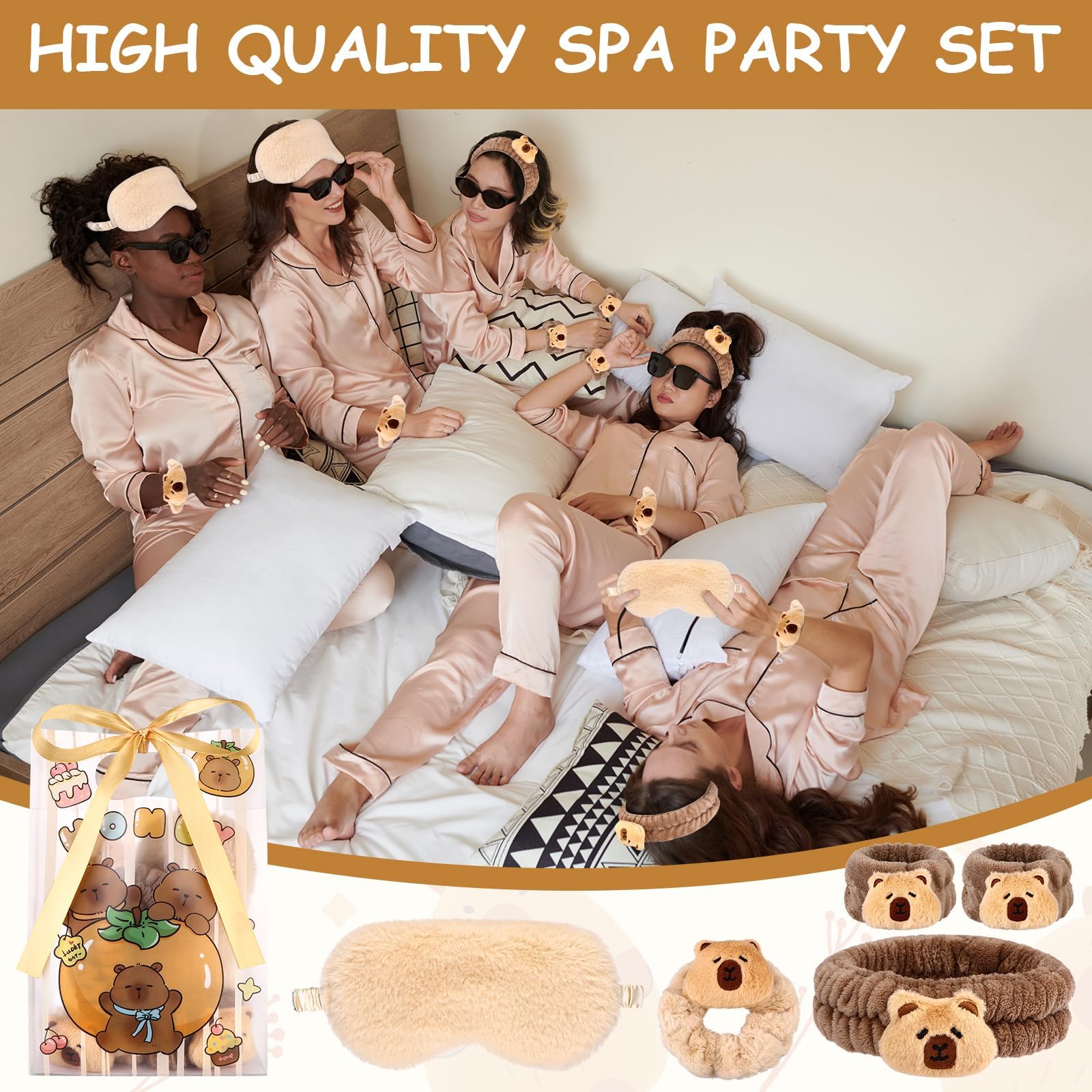 30 Pcs Capybara Spa Sleepover Party Supplies for Girls 6 Capybara Makeup Headband 6 Velvet Scrunchies 6 Soft Wristband 6 Brown P