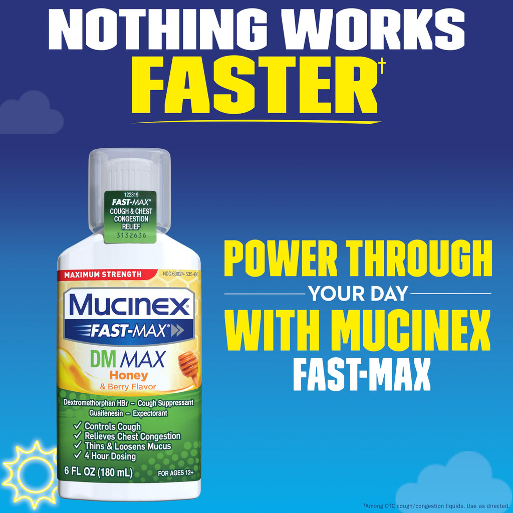 Mucinex Fast-Max Maximum Strength DM MAX, Symptom Relief, Cough Suppressant and Expectorant, Honey & Berry Flavor, 6 FL OZ