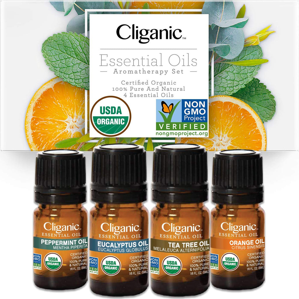 Organic Aromatherapy Set by Cliganic for Unisex - 4 Pc 0.016oz Oil - Peppermint, 0.016oz Oil - Eucalyptus, 0.016oz Oil - Tea Tre