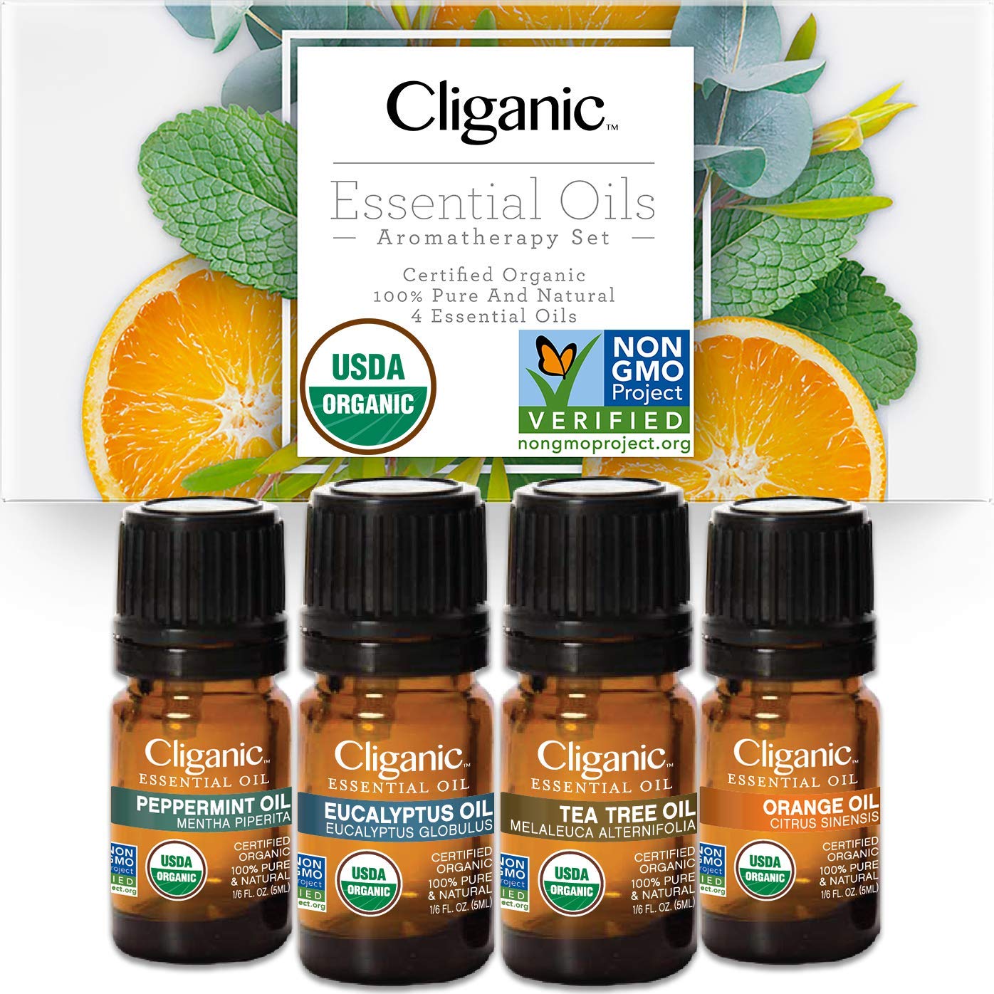 Organic Aromatherapy Set by Cliganic for Unisex - 4 Pc 0.016oz Oil - Peppermint, 0.016oz Oil - Eucalyptus, 0.016oz Oil - Tea Tre