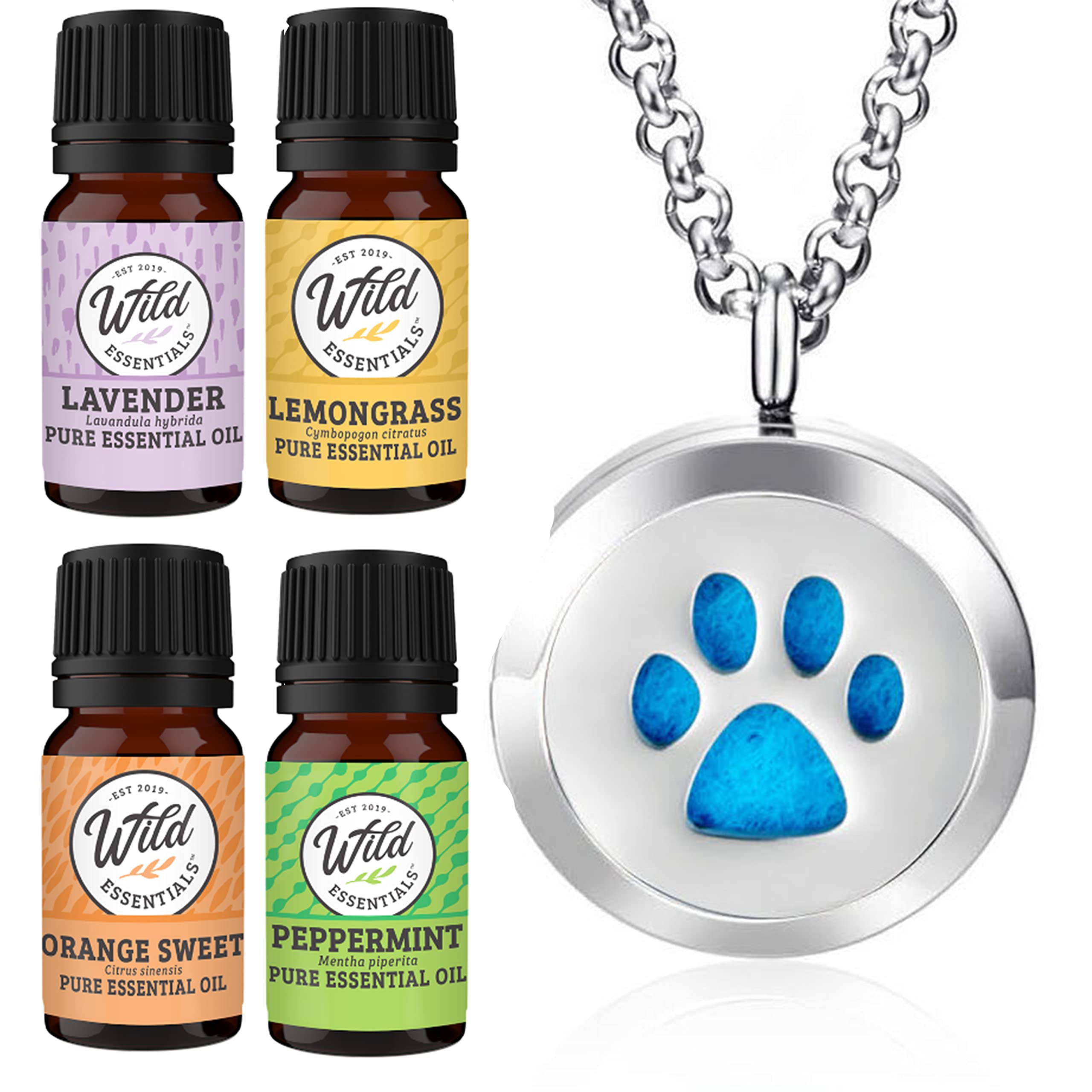 Wild Essentials Dog Paw Necklace Essential Oil Diffuser Kit with Lavender, Lemongrass, Peppermint, Orange Oils, 12 Refill Pads, 