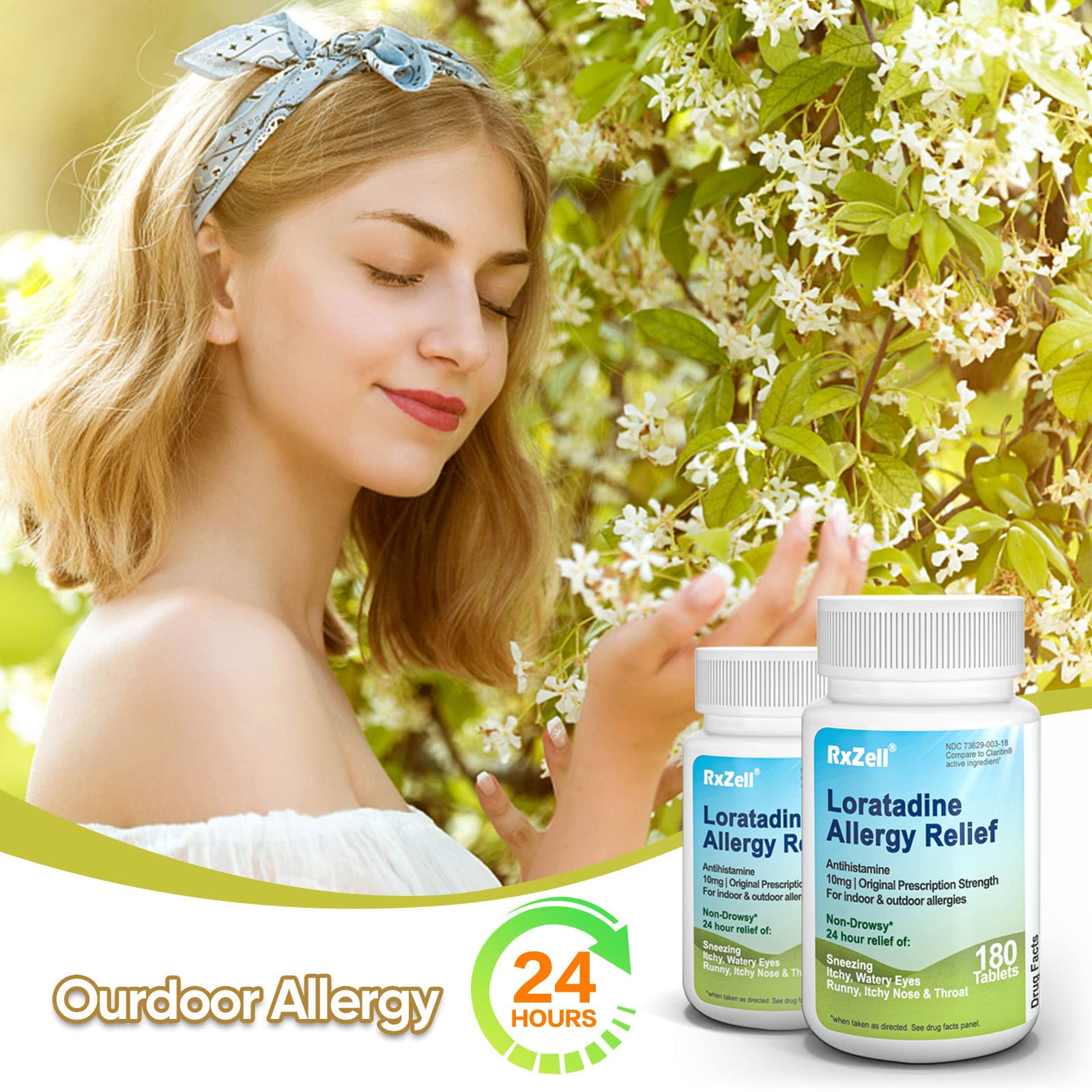 RXZELL Allergy Relief, Loratadine 10mg, 180 Tablets - 24 Hour Non-Drowsy Antihistamine Allergy Medicine