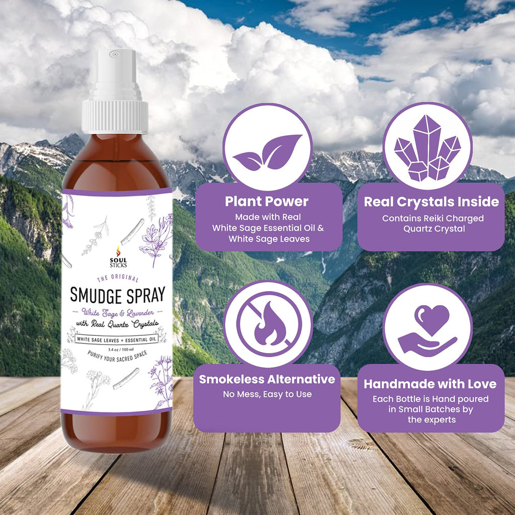 SOUL STICKS White Sage & Lavender Smudge Spray - 3.5oz Smokeless Mist with Quartz Crystals - Calming Essential Oil Spray for Sle