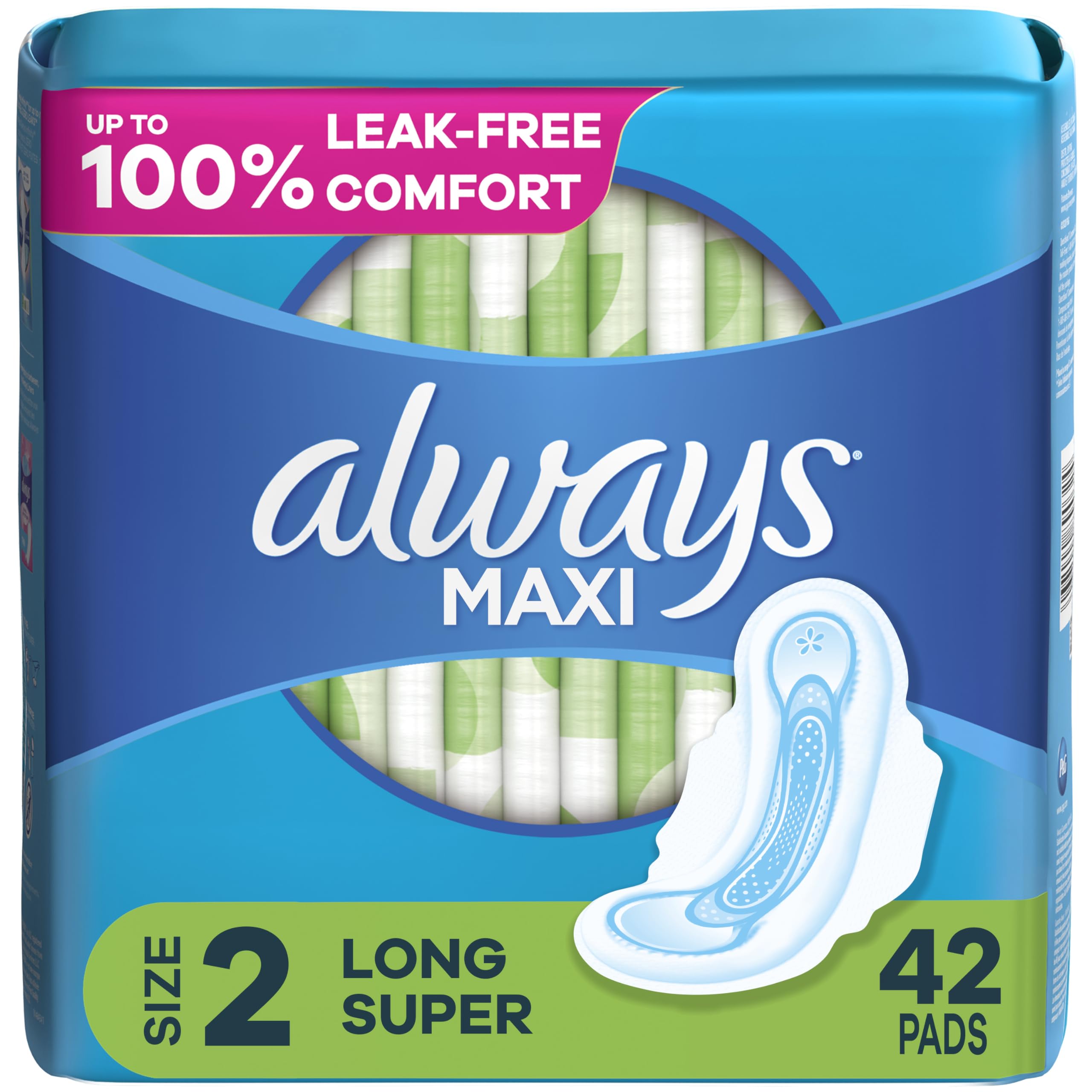 Always Maxi Feminine Pads for Women, Size 2 Long Super Absorbency, with Wings, Unscented, 42 Count