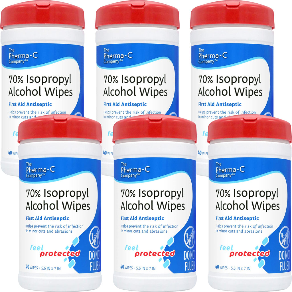 Pharma-C 70% Isopropyl Alcohol Wipes [6 pack - 40ct Canisters] - Bulk IPA First Aid Antiseptic Wound Cleaner with Moisture Lock 