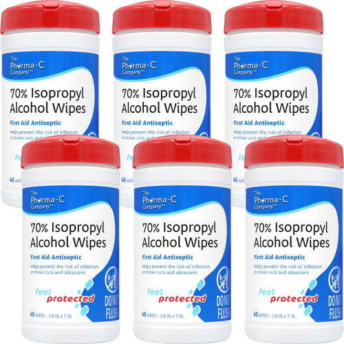 Pharma-C 70% Isopropyl Alcohol Wipes [6 pack - 40ct Canisters] - Bulk IPA First Aid Antiseptic Wound Cleaner with Moisture Lock 