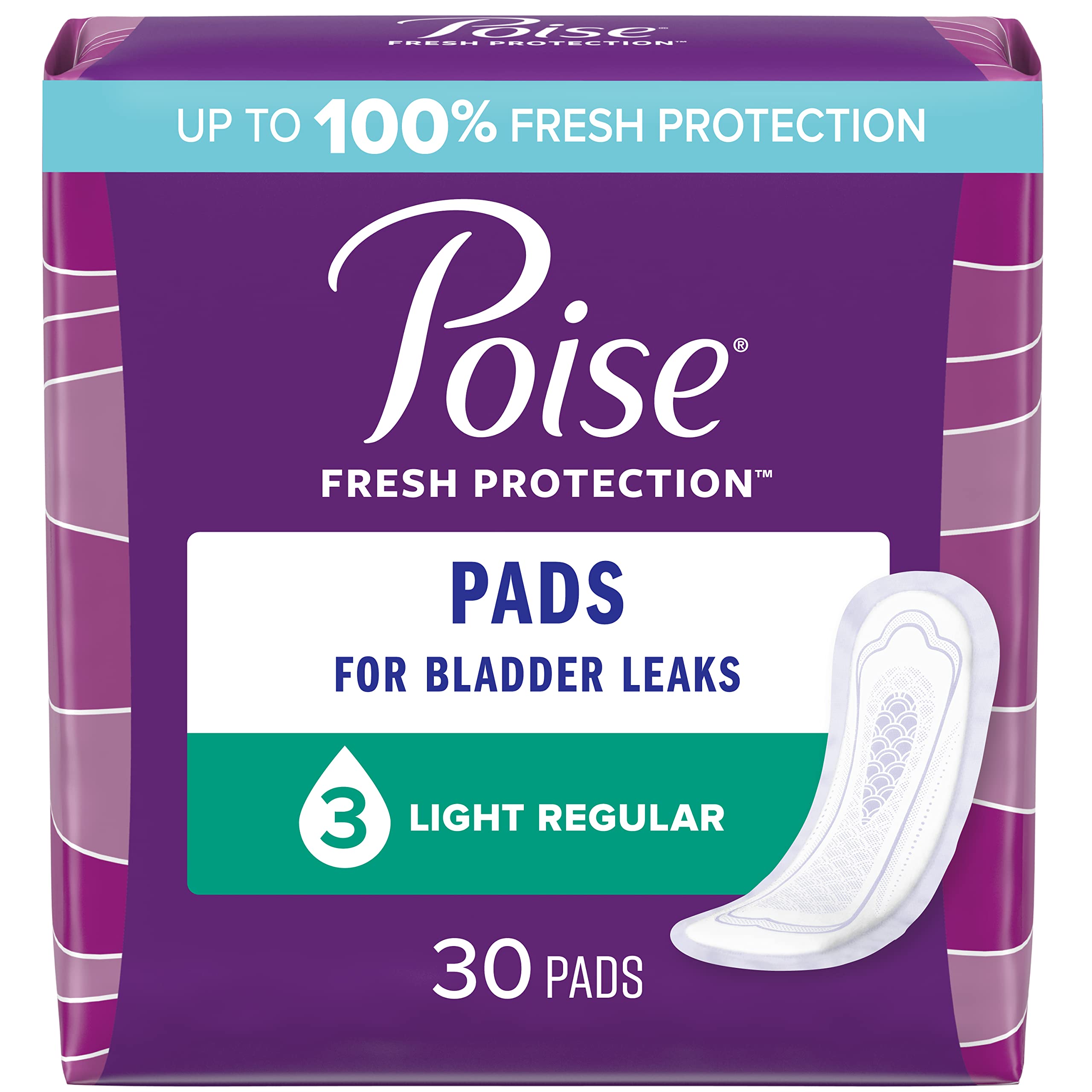 Poise Incontinence Pads & Postpartum Incontinence Pads, 3 Drop Light Absorbency, Regular Length, 30 Count, Packaging May Vary