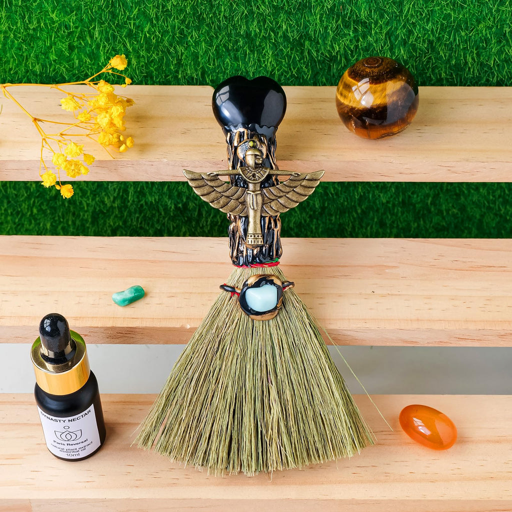 RJINGSHI Obsidian Magic Broom Love Crystal Witch Broom Reiki Healing Crystal Handmade for Cleansing Bedroom Office Home Decor Gi
