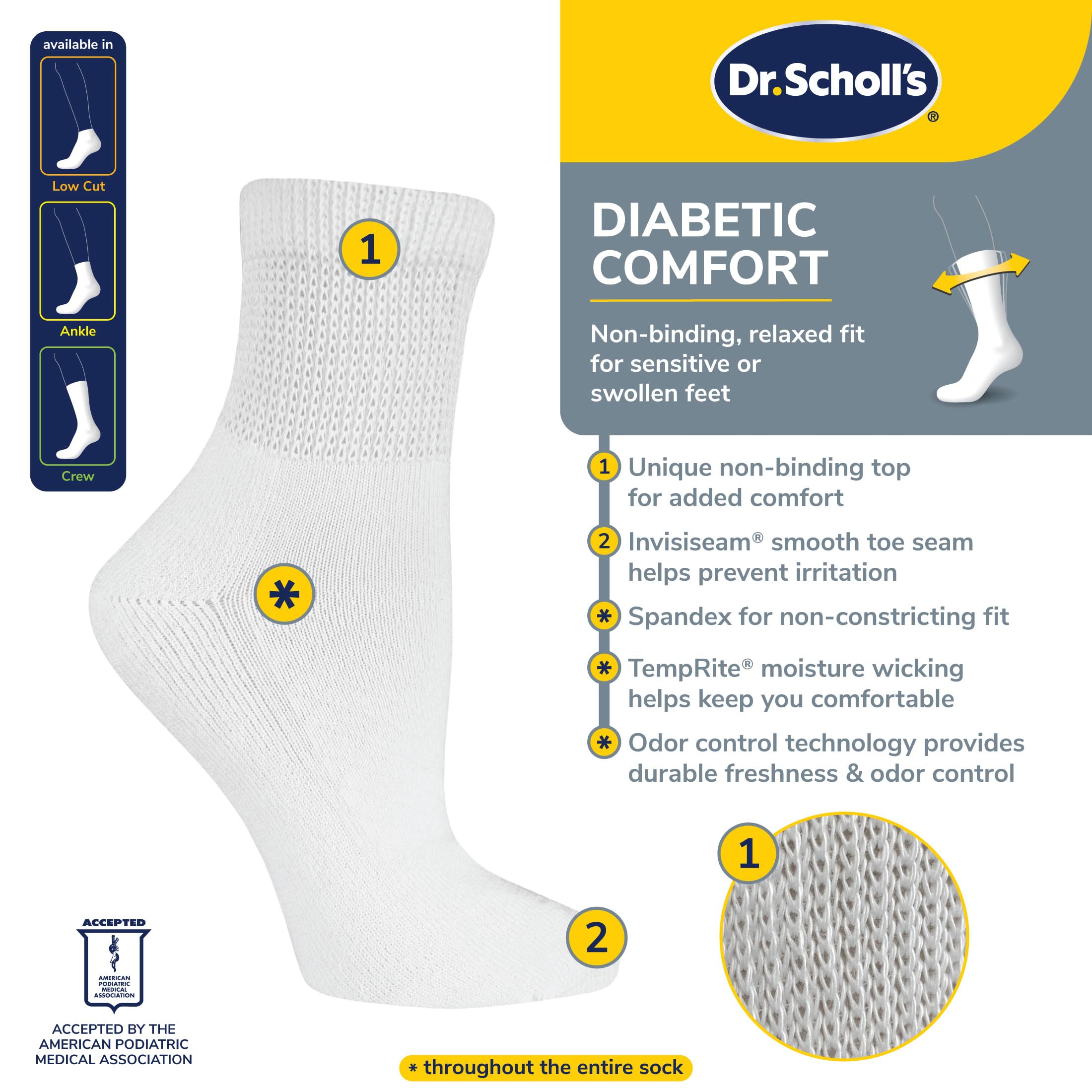 Dr. Scholl's Womens Diabetes & Circulator - 4 6 Pair Packs Non-binding Comfort And Moisture Management Socks, Black, 4-10 US