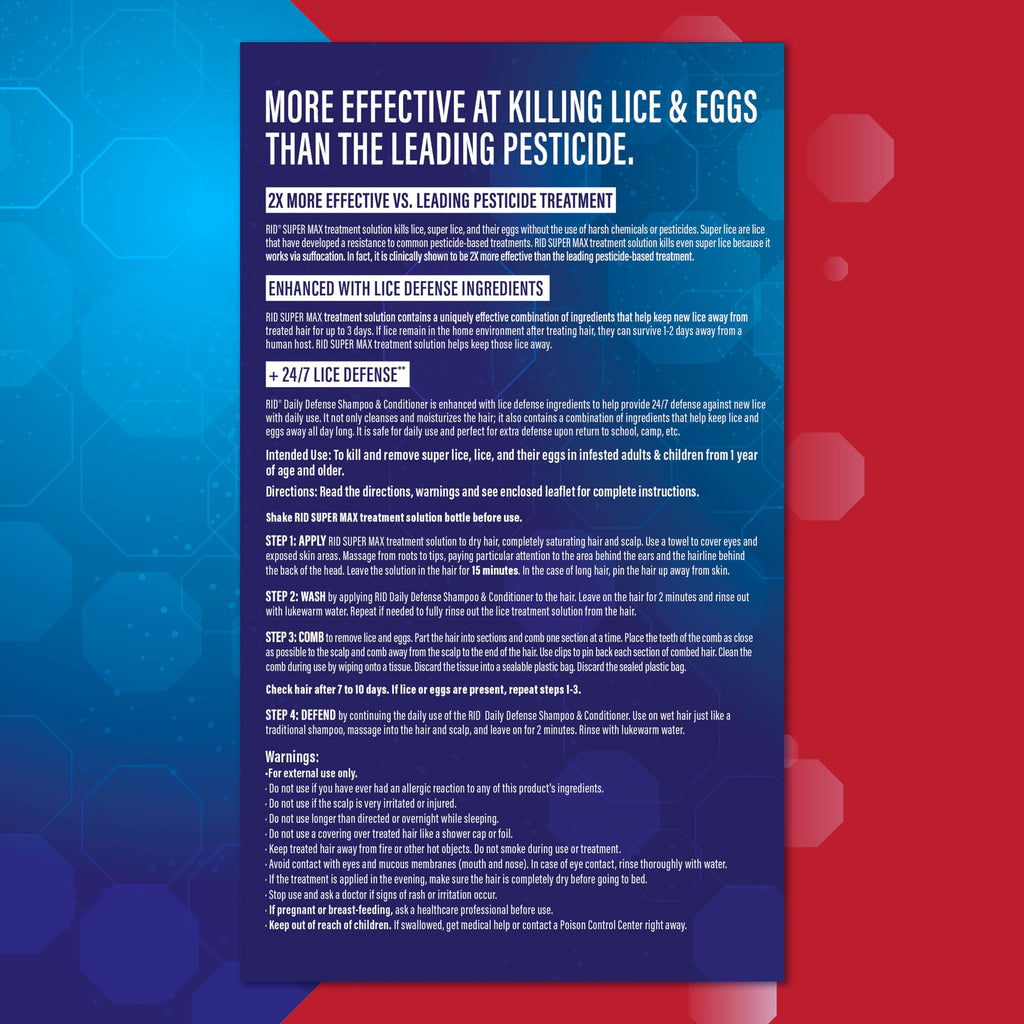 RID Super Max Lice Treatment Kit, Kills Lice & Super Lice & Eggs + 24/7 Lice Defense, Pesticide Free, 3.4 FL OZ Solution + 6.8 F