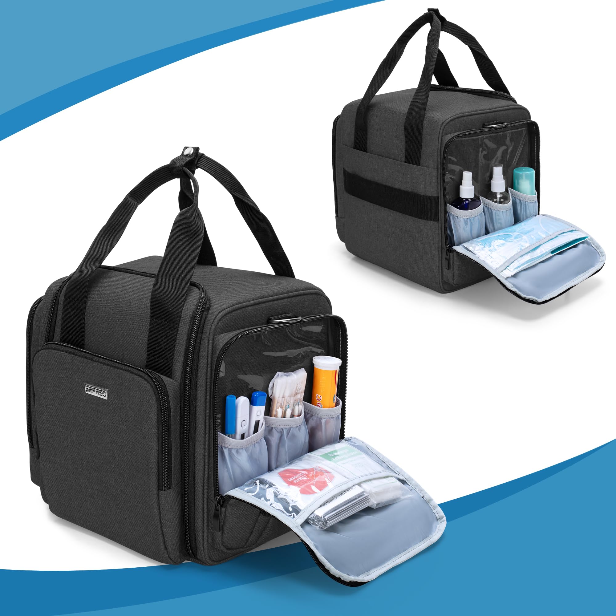 BAFASO Large Pill Bottle Organizer with 4 Inner Removable Pouches, Family First Aid Bag Medicine Bag Come with Shoulder Strap (B