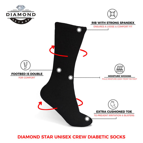 Diamond Star Diabetic Socks, Non-Binding Circulatory Cushion Cotton Crew Diabetic Socks for Mens Womens 9-11 (3 Pairs Black)