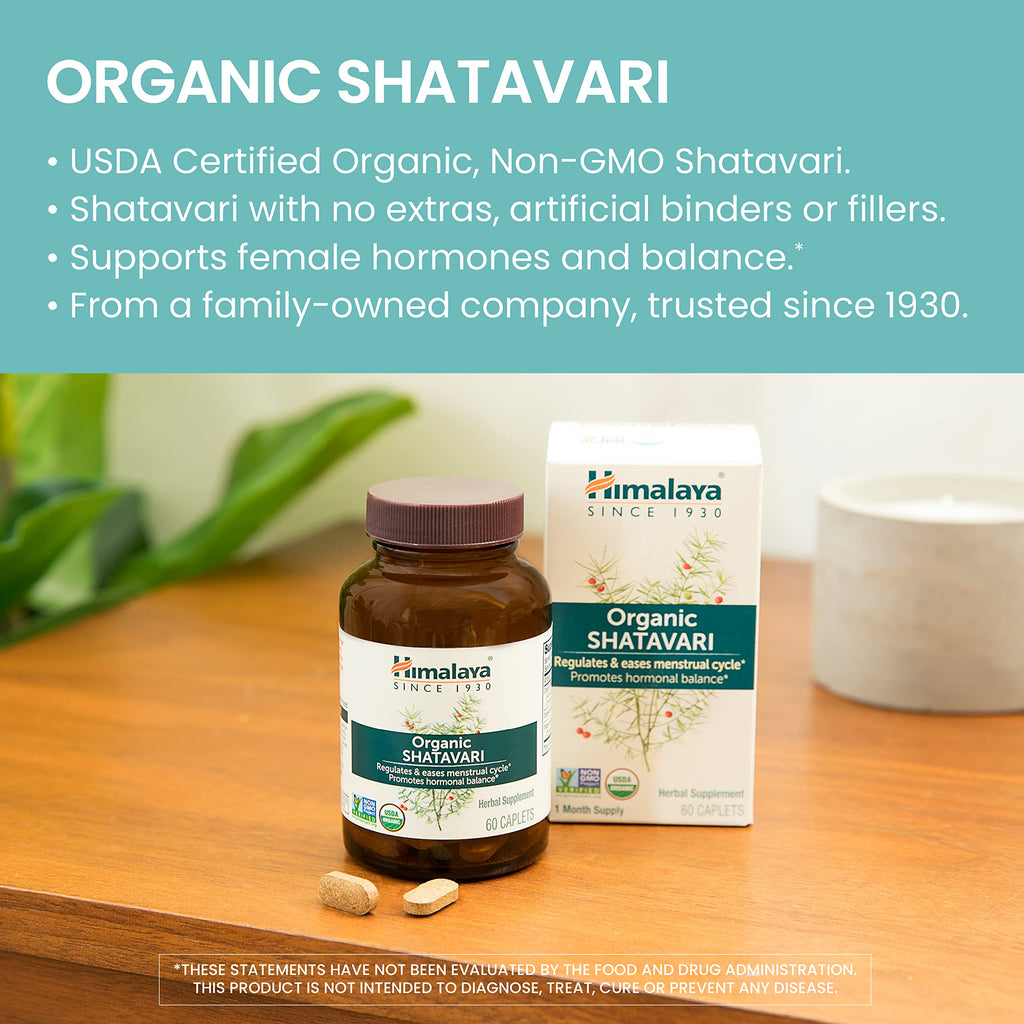 Himalaya Organic Shatavari for PMS, Menstrual Cramp Relief, Menopause Support, and Womens Health, 1,300 mg, 60 Caplets, 1 Month
