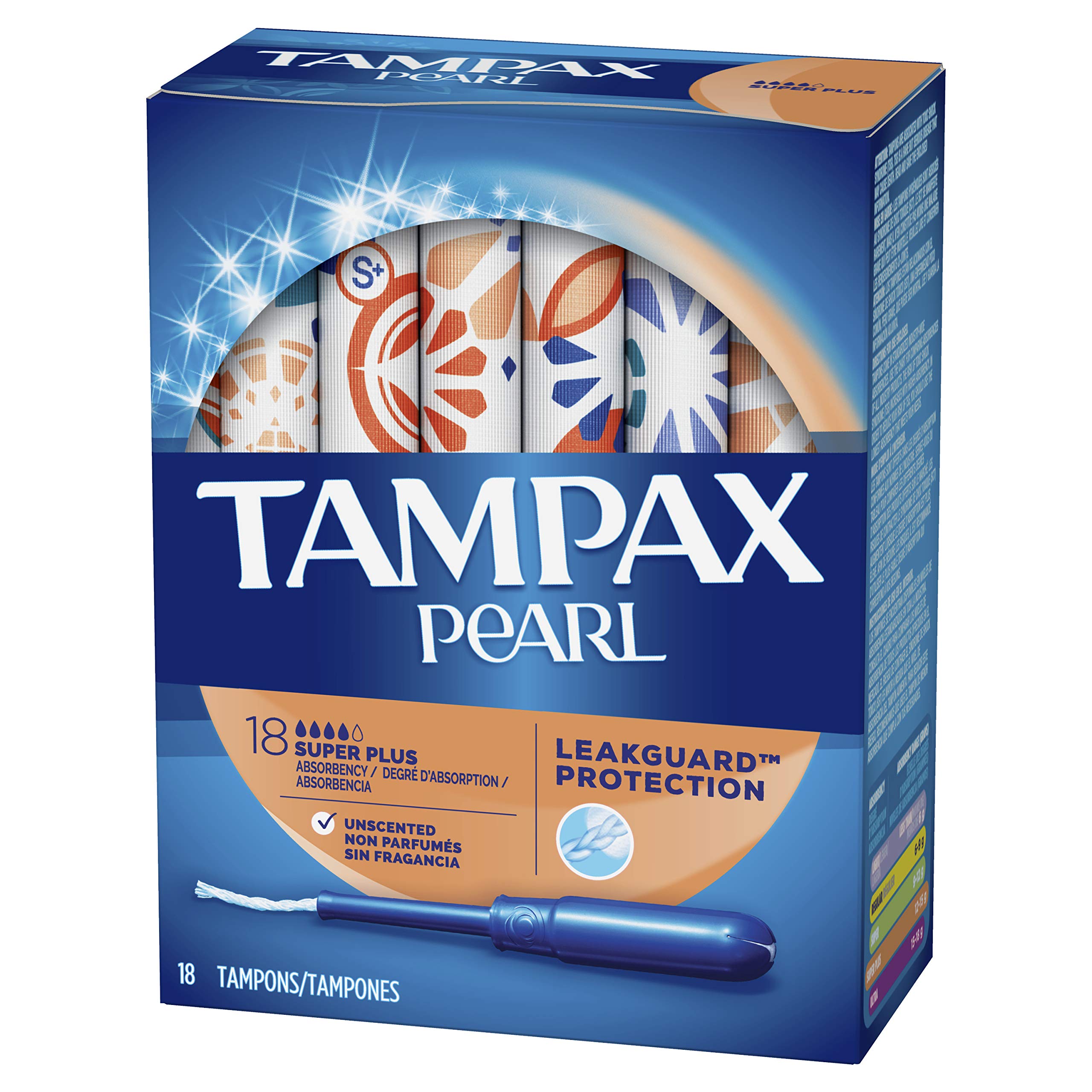 Tampax Pearl Tampons Super Plus Absorbency with LeakGuard Braid, Unscented, 18 Count