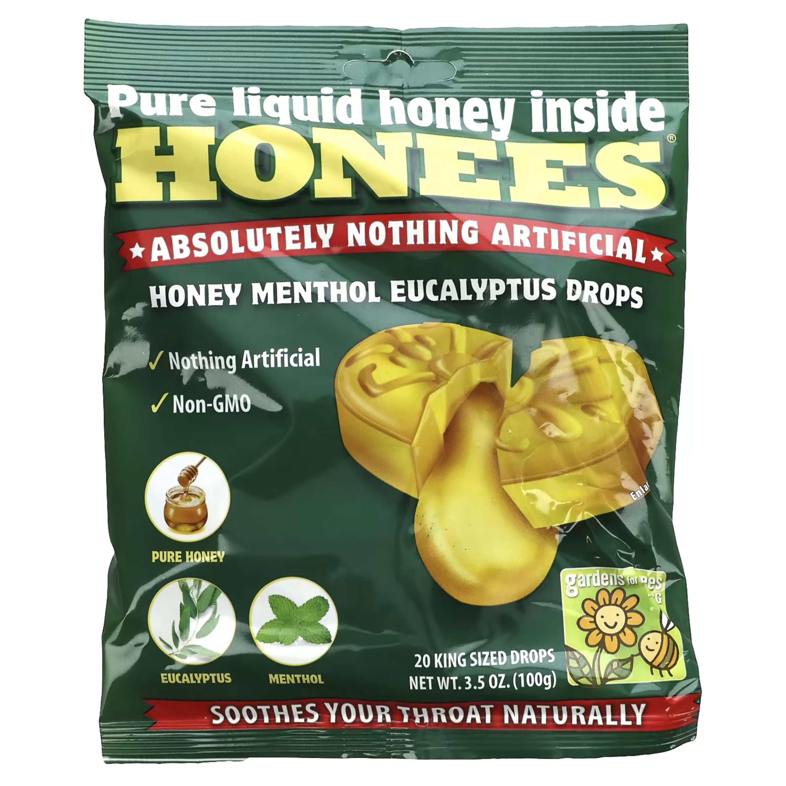 Honees Filled Menthol Cough Drops, Honey, Menthol & Eucalyptus Cough Drops- Natural Sore Throat Relief - Nothing Artificial -Thr