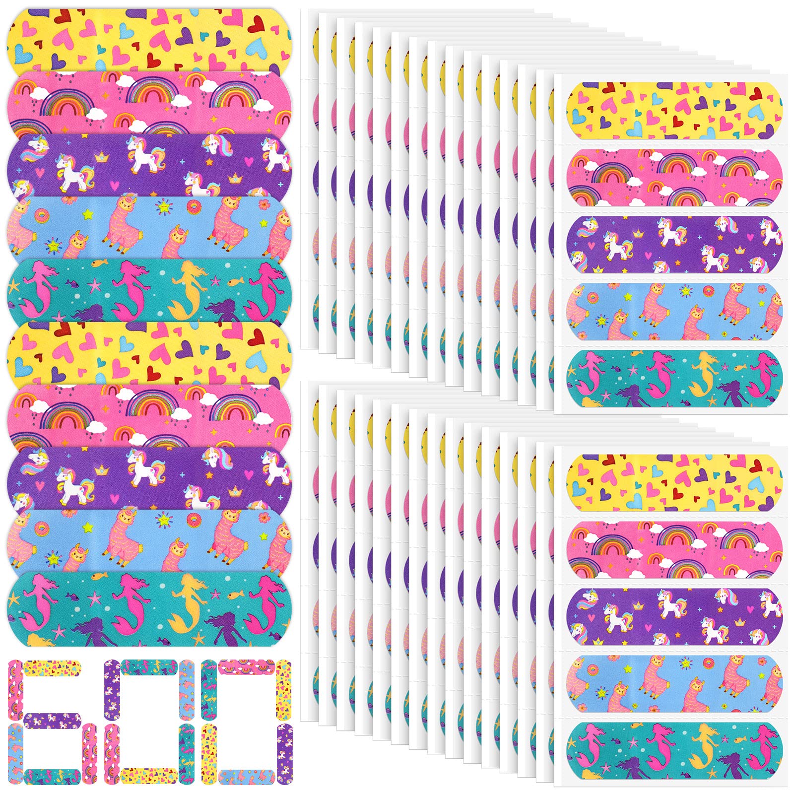Tondiamo 600 Pieces 5 Styles Cartoon Bandages for Kids Flexible Adhesive Colorful Strips Waterproof Cute Bandages for Girls Repa