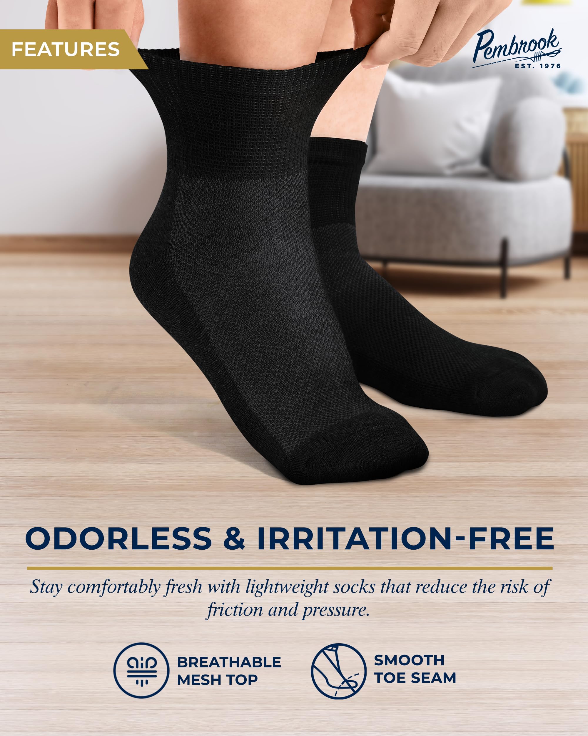 Pembrook Black Diabetic Socks for Men & Women | 6 Pairs | Wide Stretch Top Mens Diabetic Socks | Diabetic Socks for Men 9-12 | A