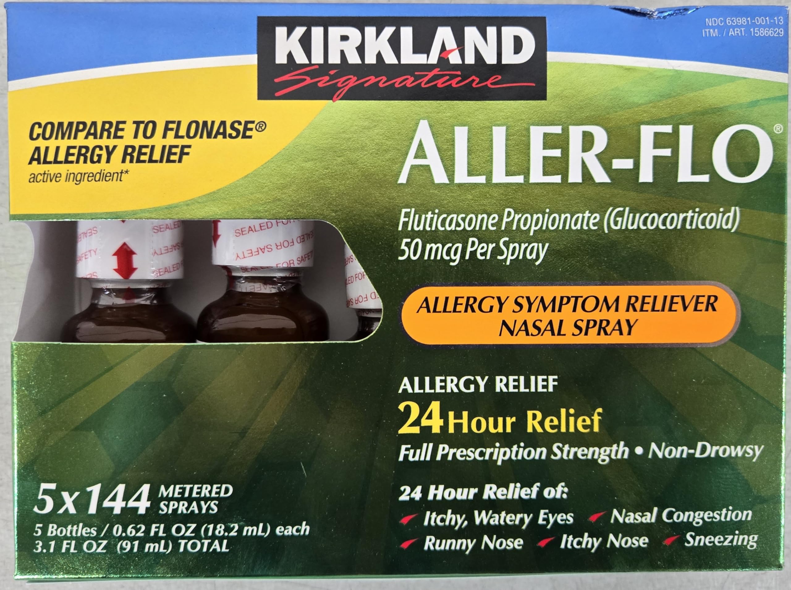 Kirkland Signature Aller-Flo Fluticasone Propionate (Glucorticoid) 5 Bottles x 144 Metered Sprays 0.62 Fl OZ per Bottle, 700 Tot