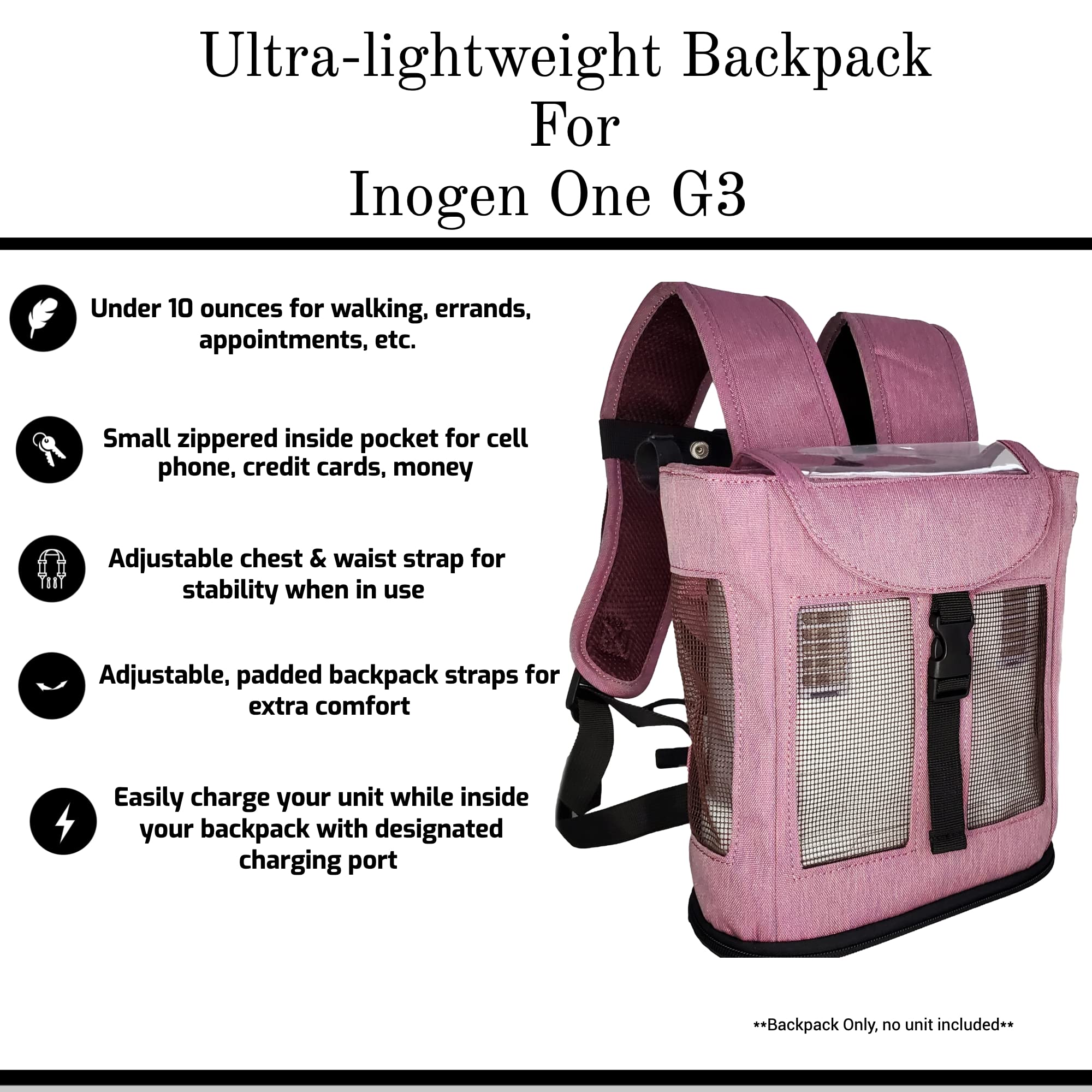O2TOTES Ultra Lightweight Backpack For Inogen One G3 Unit (Patented Design) (Burgundy) FITS ONLY: INOGEN ONE G3 UNITS: IS-300 OR