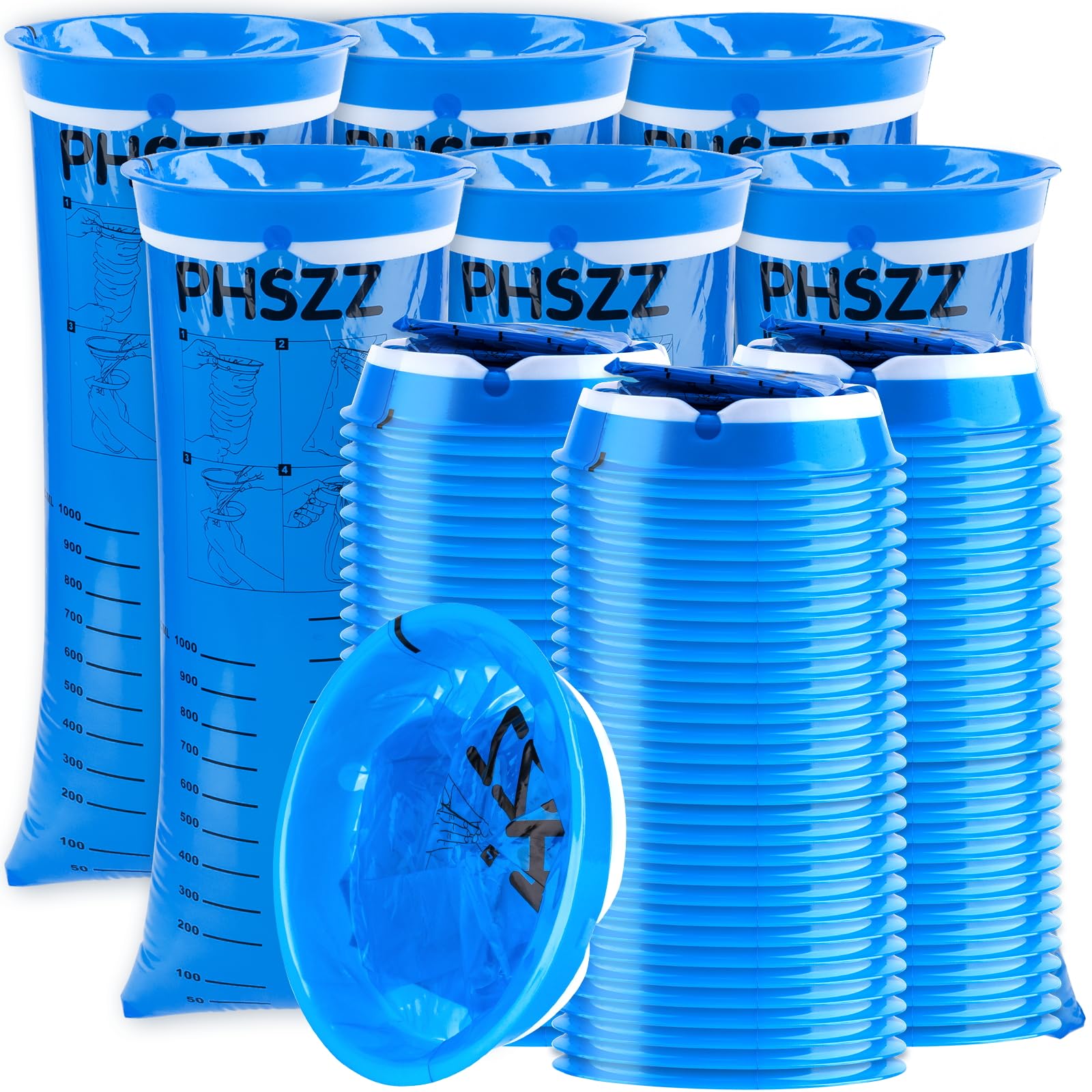 PHSZZ 100 Pack Vomit Bags Disposable, Leak Resistant Barf Bags, Portable Blue Vomit Bag, 1000 Ml Emesis Puke Throw Up Nausea Mot