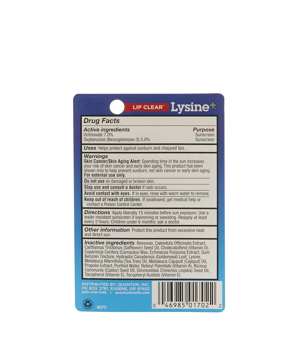 Quantum Health, Lip Clear Lysine + Coldstick, SPF-21, 5g (Pack of 4)